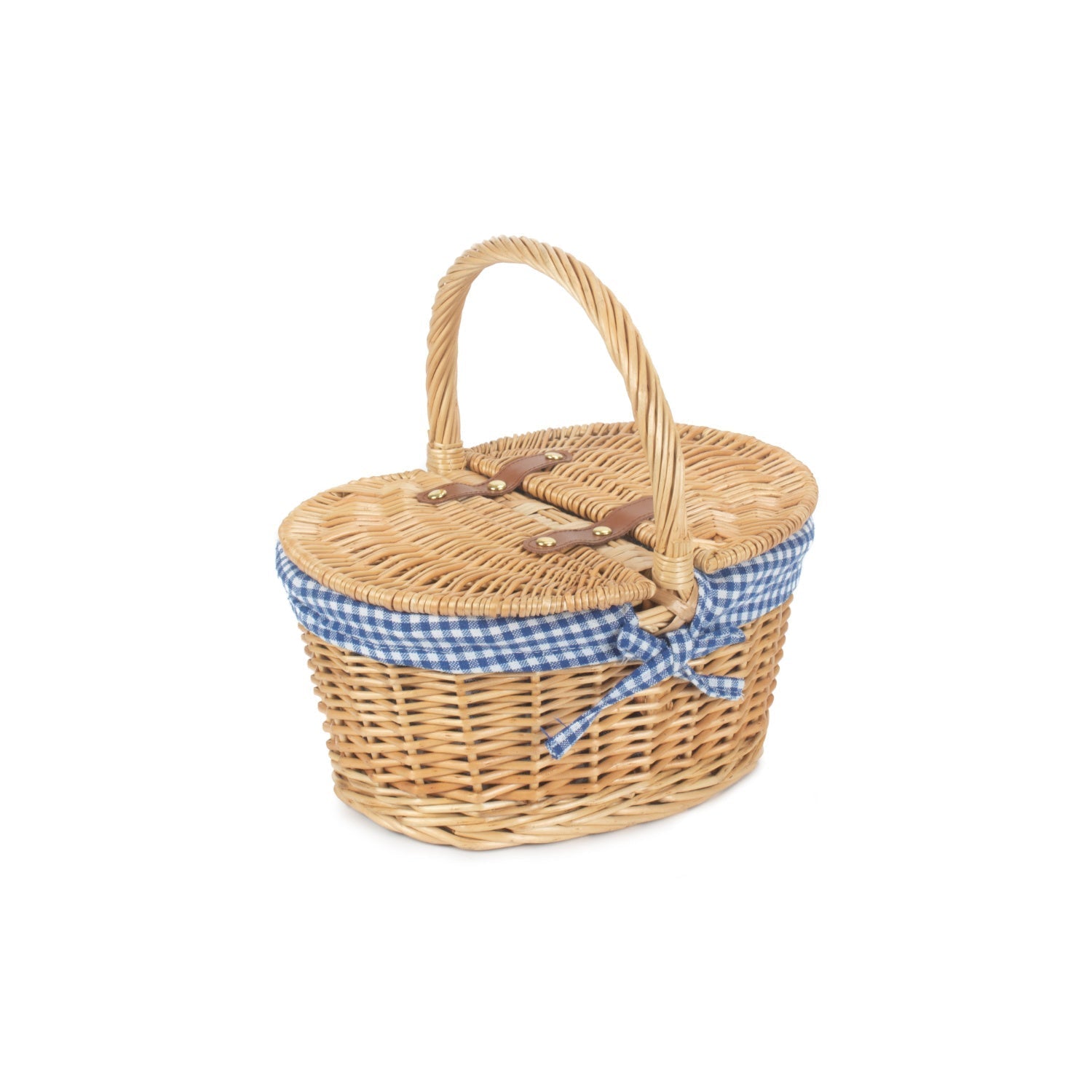Child's Oval Lined Lidded Willow Picnic Hamper Basket with Blue & White Checked Lining - REGN