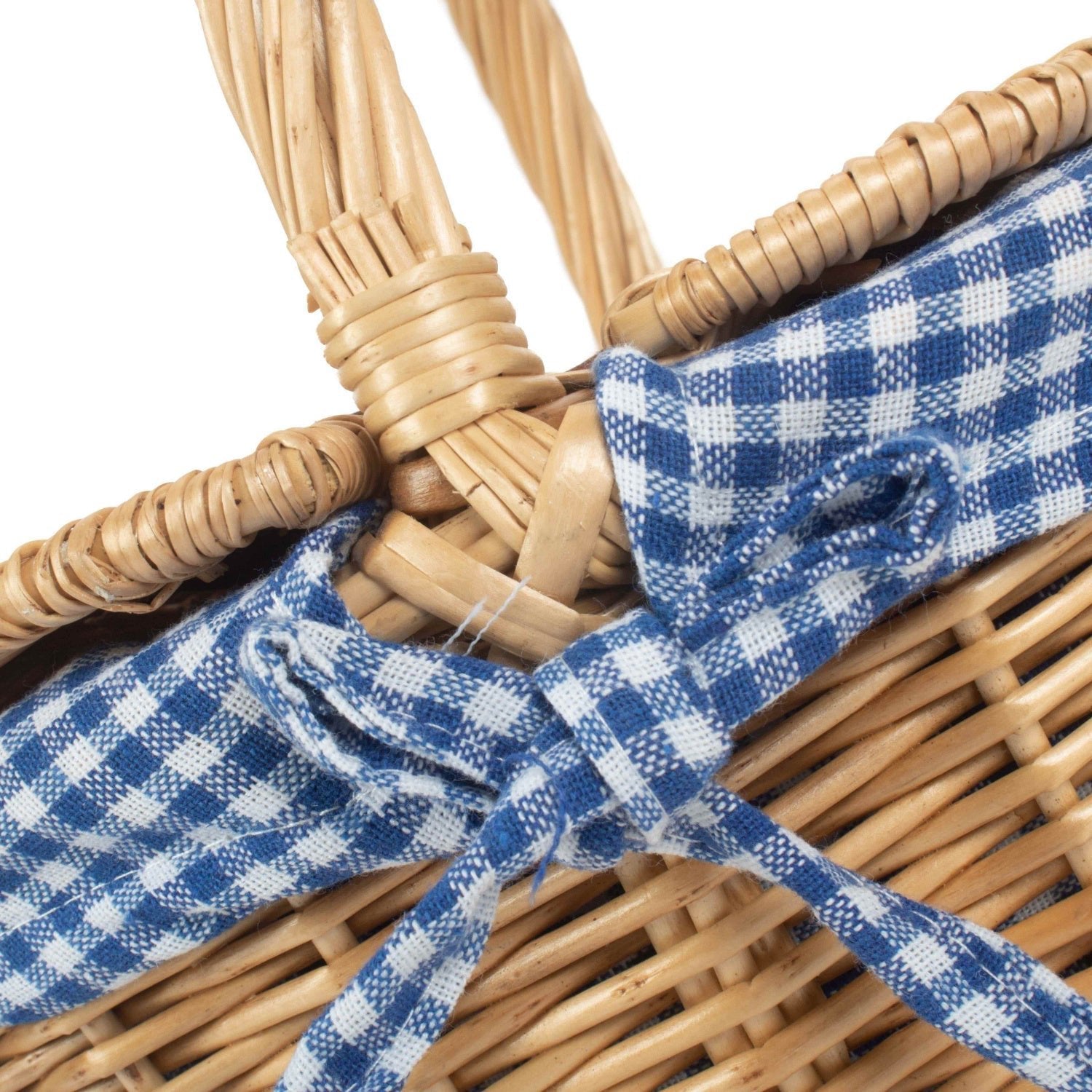 Child's Oval Lined Lidded Willow Picnic Hamper Basket with Blue & White Checked Lining - REGN