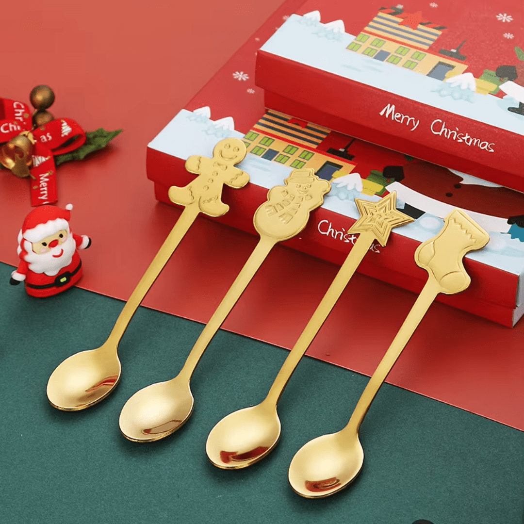 Christmas Stainless Steel Dessert Spoon Gift Set – Gold or Silver (4pcs) - REGN
