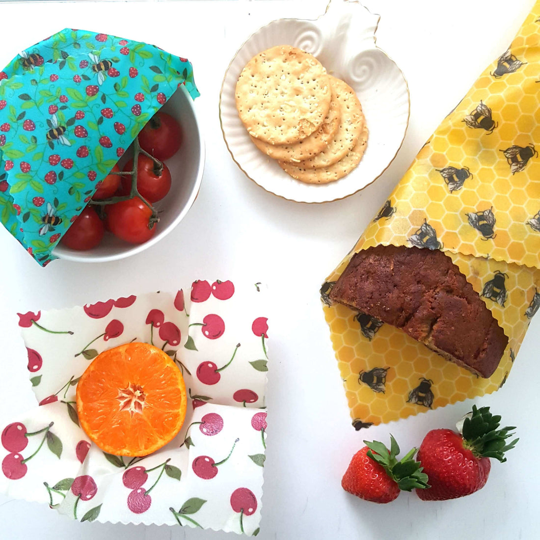 Beeswax Food Wraps Classic Set of 3 | Bees & Cherries Design