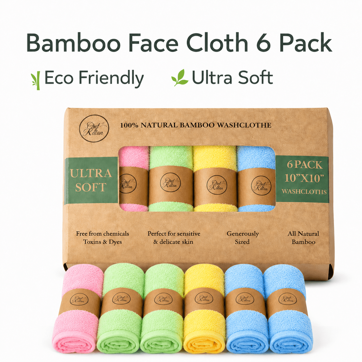 Colourful Organic Bamboo Face Cloths | Luxury Eco Face Cloths | 6 Pack - REGN