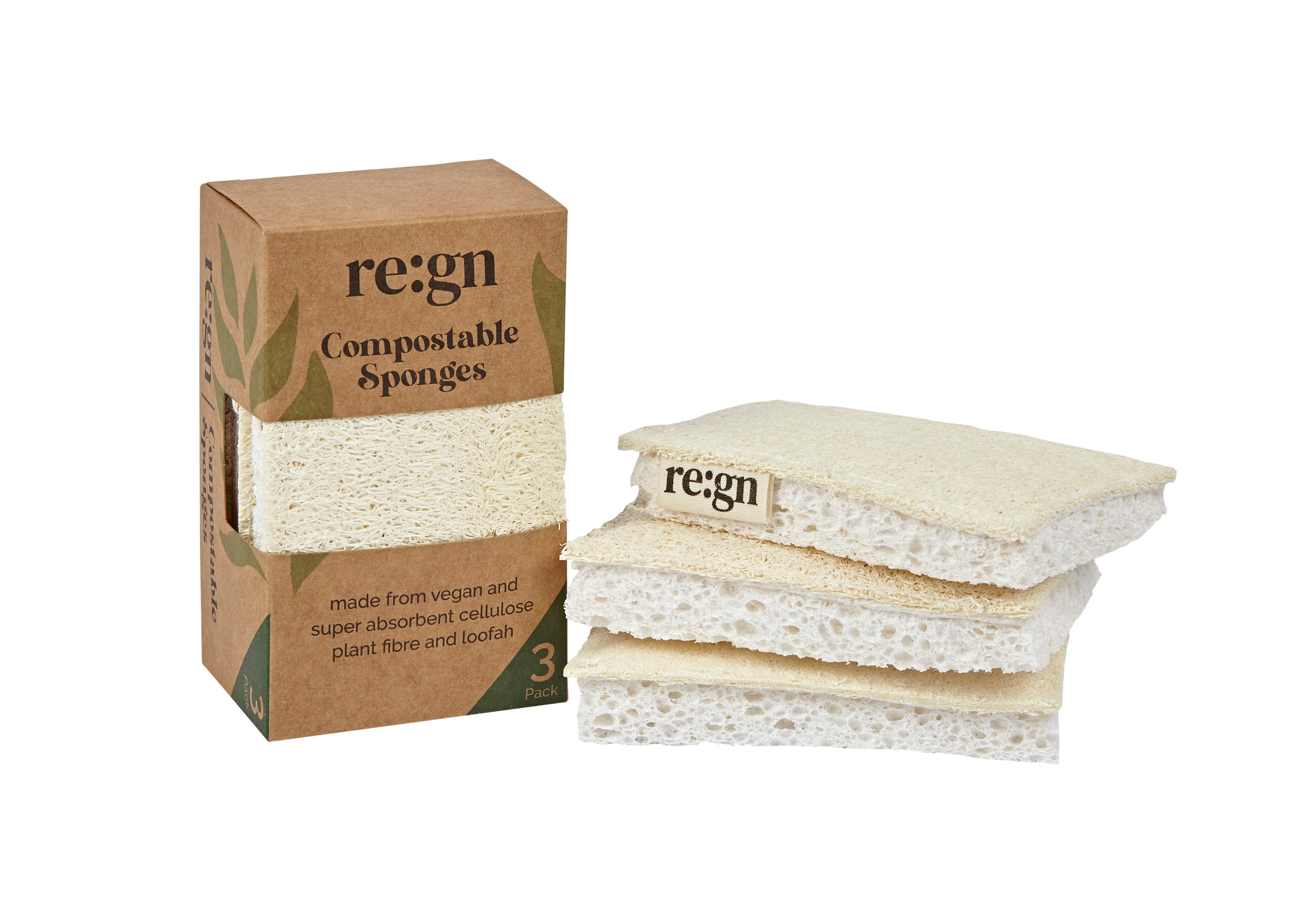 Compostable Eco Friendly Kitchen Sponges - re:gn Plant Fibre Sponges 3 Pack - Buy One Get One Half Price - REGN