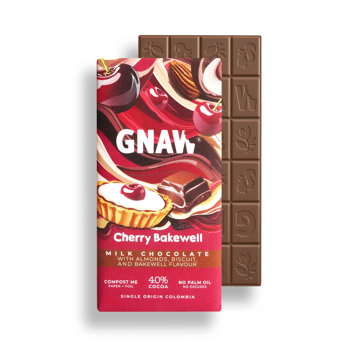 GNAW Cherry Bakewell Milk Chocolate Bar 80g | Cherry & Almond | 40% Colombian Cocoa