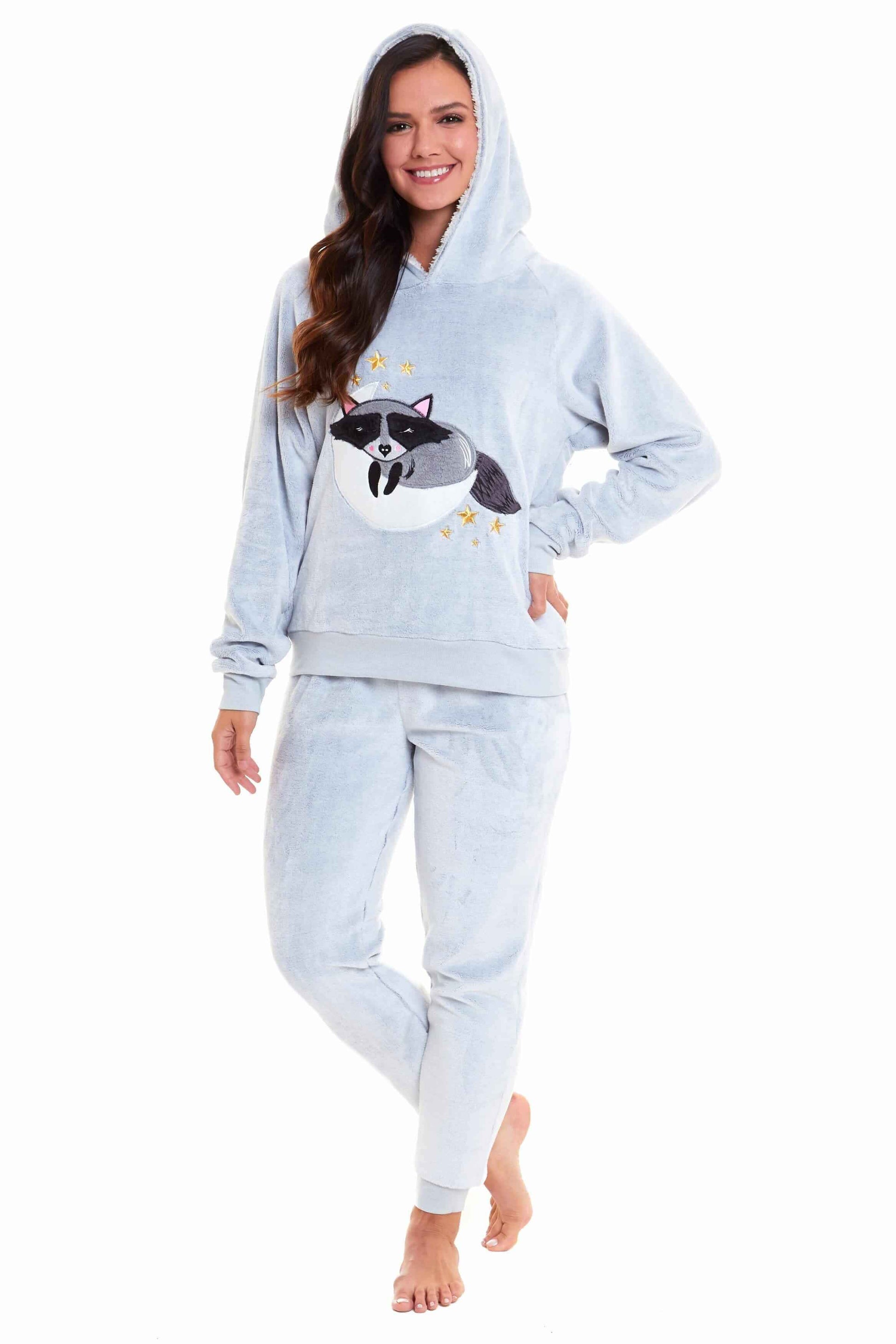 Daisy Dreamer Cuddly Raccoon Fleece Hooded Pyjama Set For Women And Girls Sherpa Lined - REGN