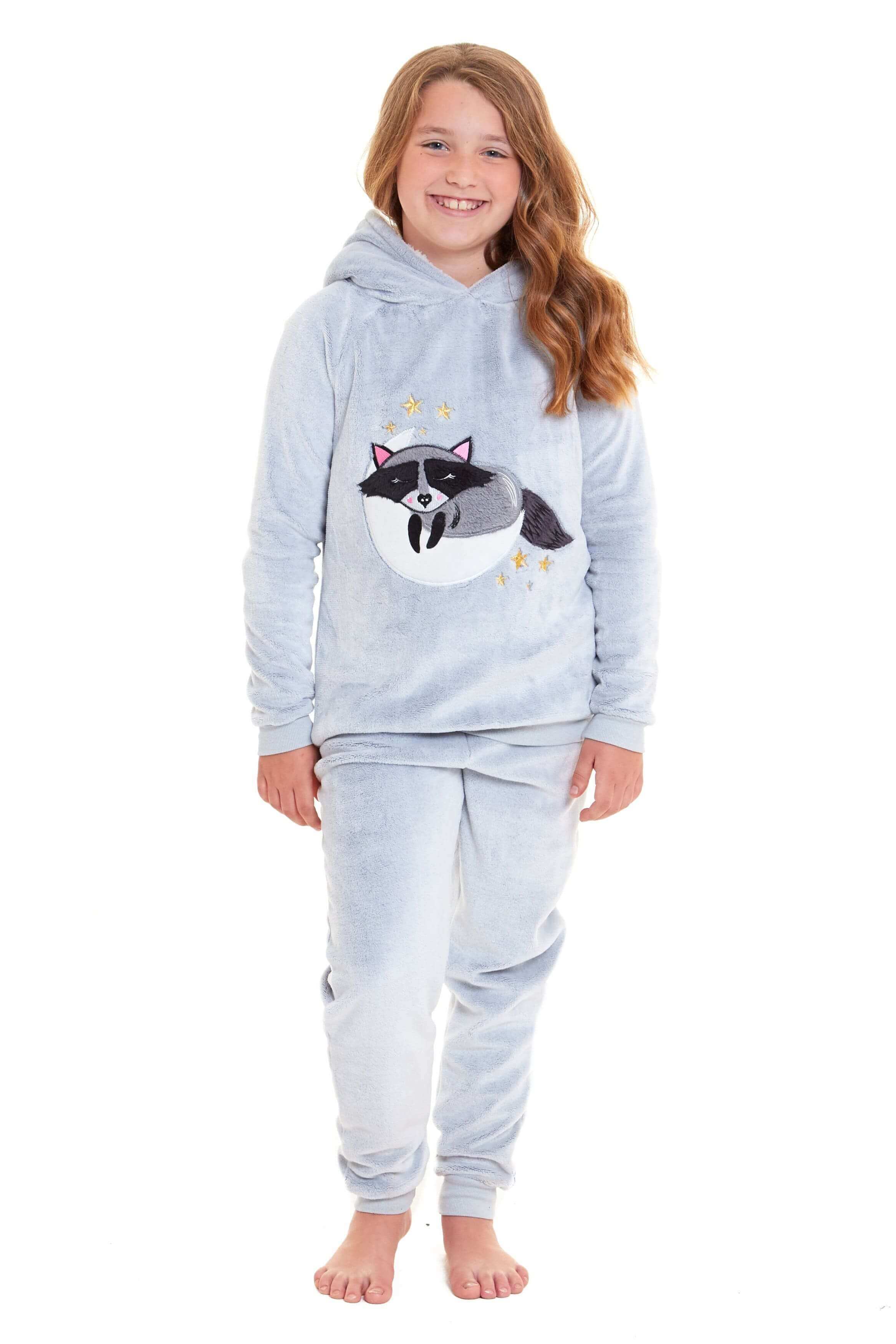 Daisy Dreamer Cuddly Raccoon Fleece Hooded Pyjama Set For Women And Girls Sherpa Lined - REGN