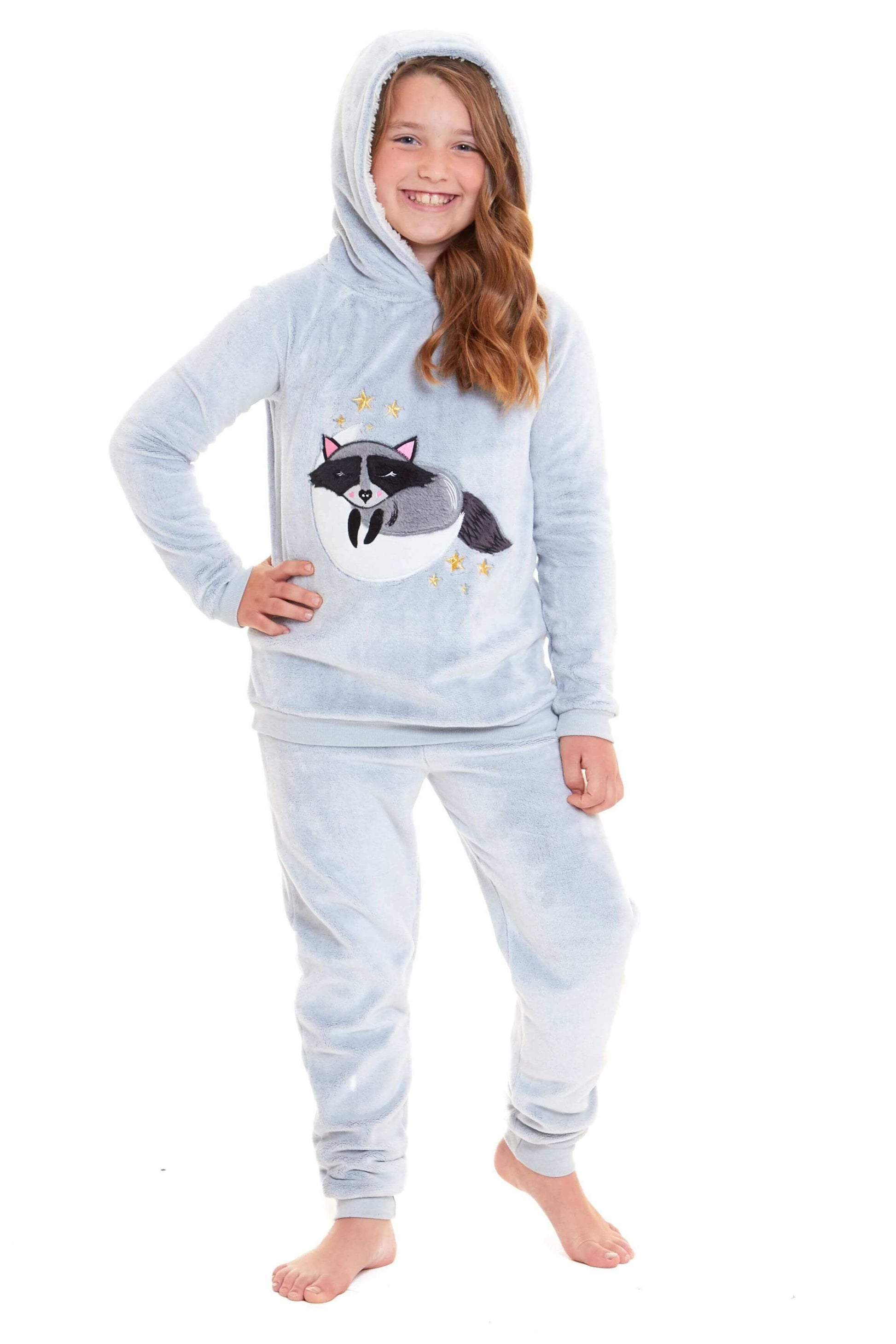 Daisy Dreamer Cuddly Raccoon Fleece Hooded Pyjama Set For Women And Girls Sherpa Lined - REGN