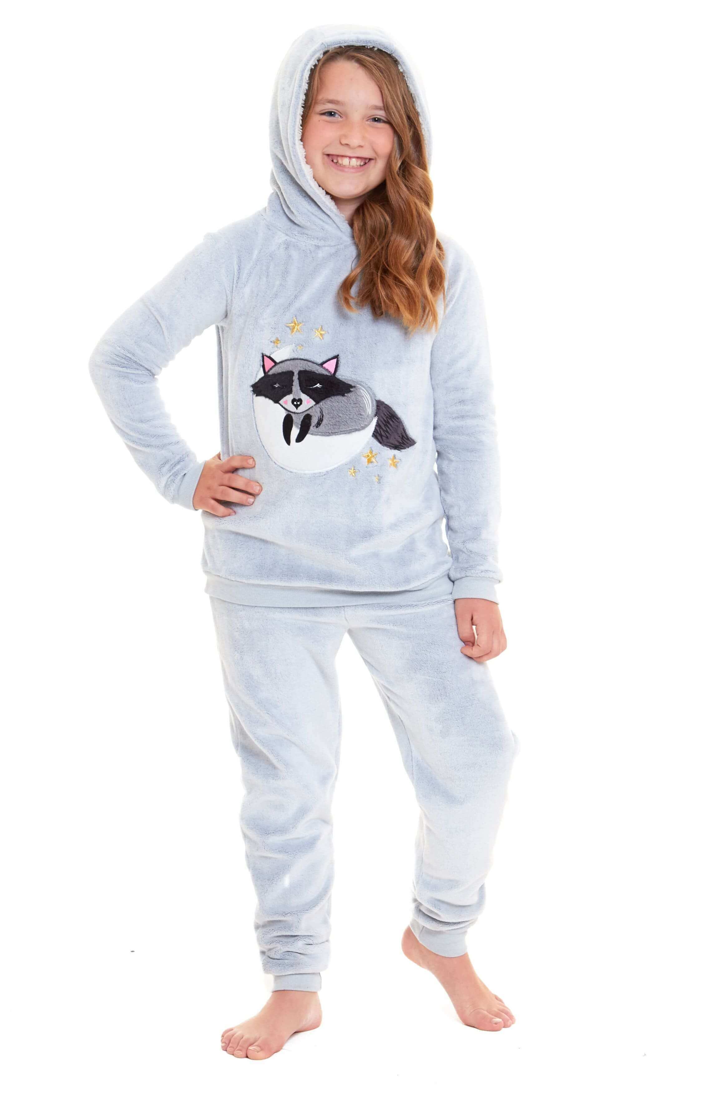 Daisy Dreamer Cuddly Raccoon Fleece Hooded Pyjama Set For Women And Girls Sherpa Lined - REGN