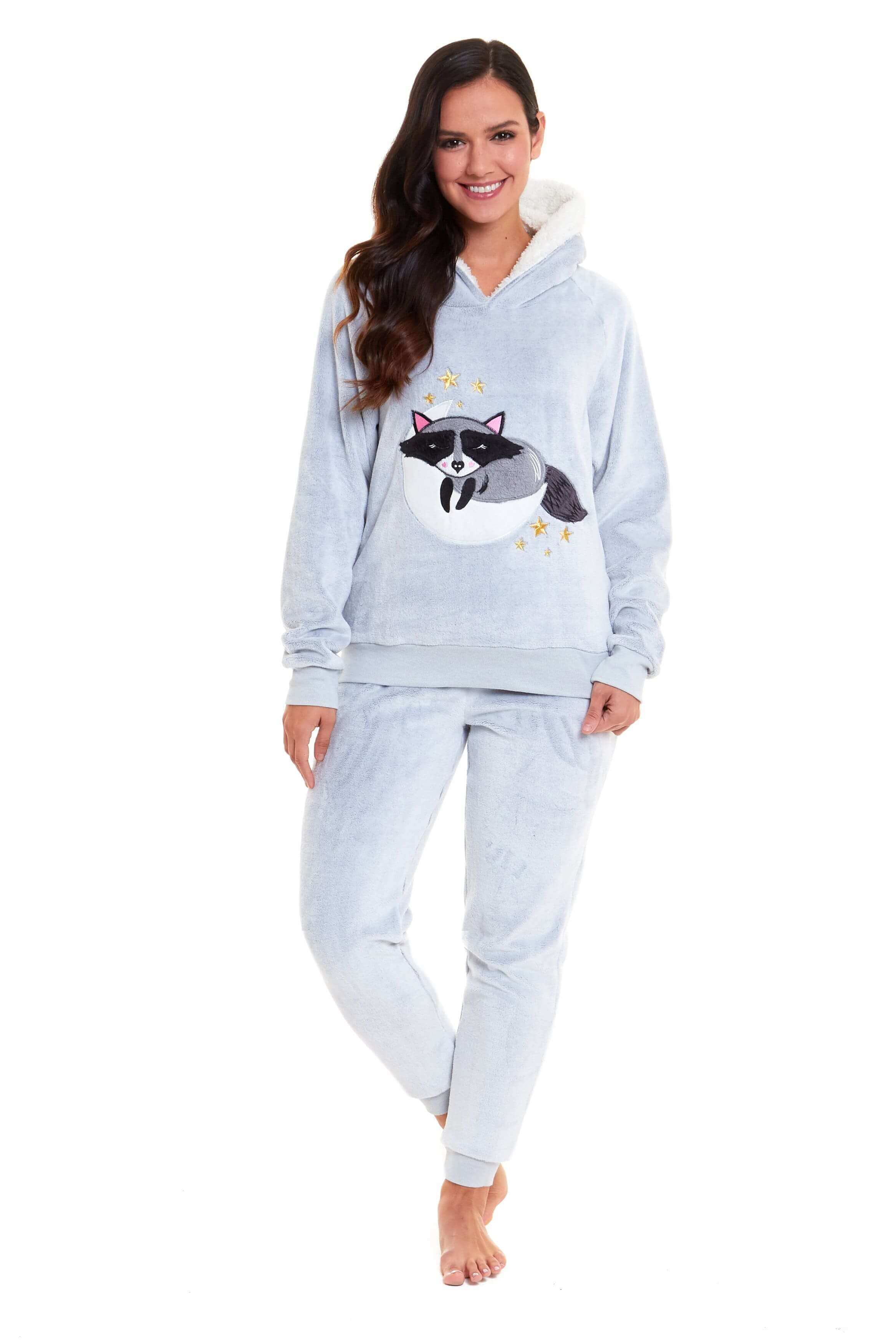 Daisy Dreamer Cuddly Raccoon Fleece Hooded Pyjama Set For Women And Girls Sherpa Lined - REGN