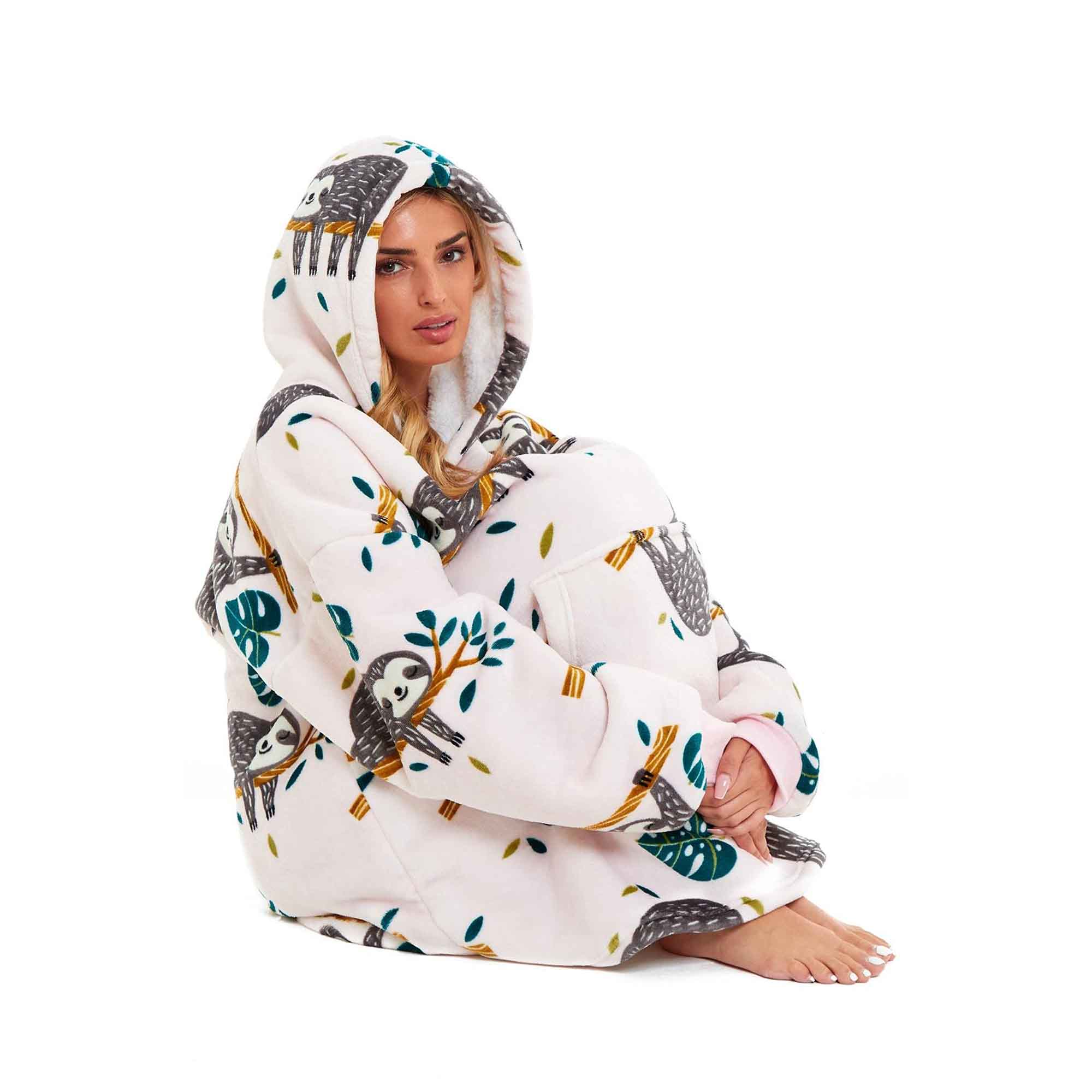 Daisy Dreamer Giant Sloth Hooded Blanket Ultra Soft Sherpa Fur Plush Flannel Fleece Comfort Cuff Cotton Rich Pack - REGN