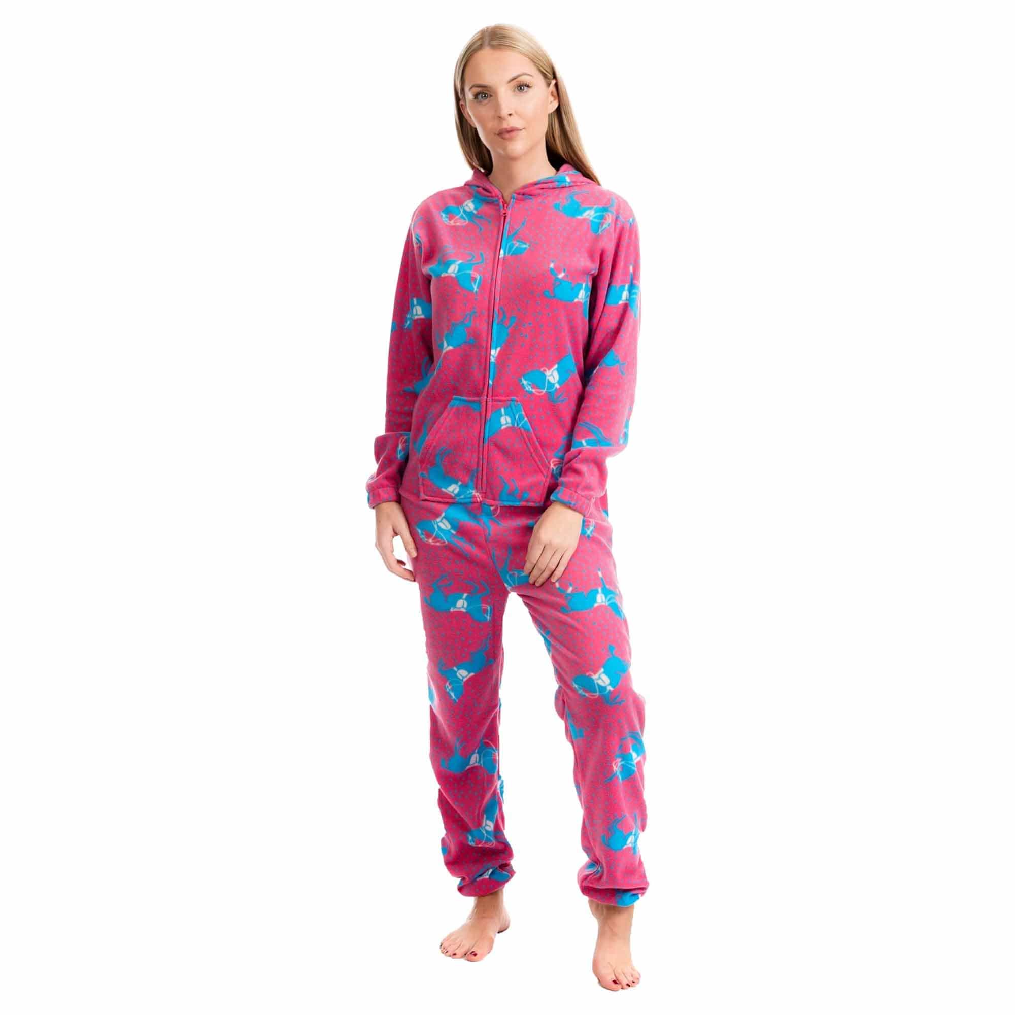 Daisy Dreamer Ladies Hooded Fleece Onesie Pyjamas With Horse Print Zipper Front Elastic - REGN