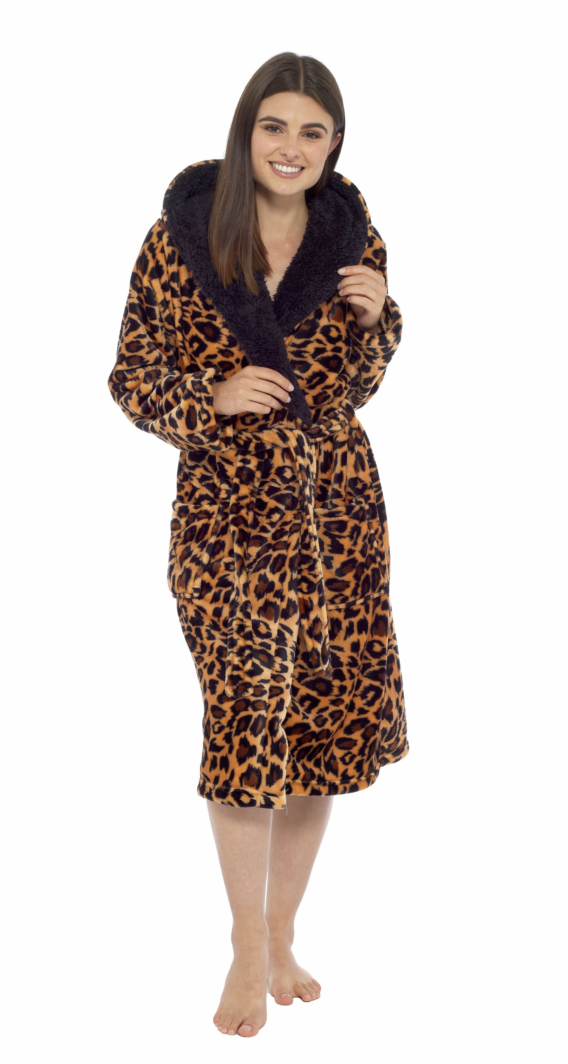 Daisy Dreamer Leopard Print Plush Fleece Hooded Bath Robe With Sherpa Fur Womens - REGN