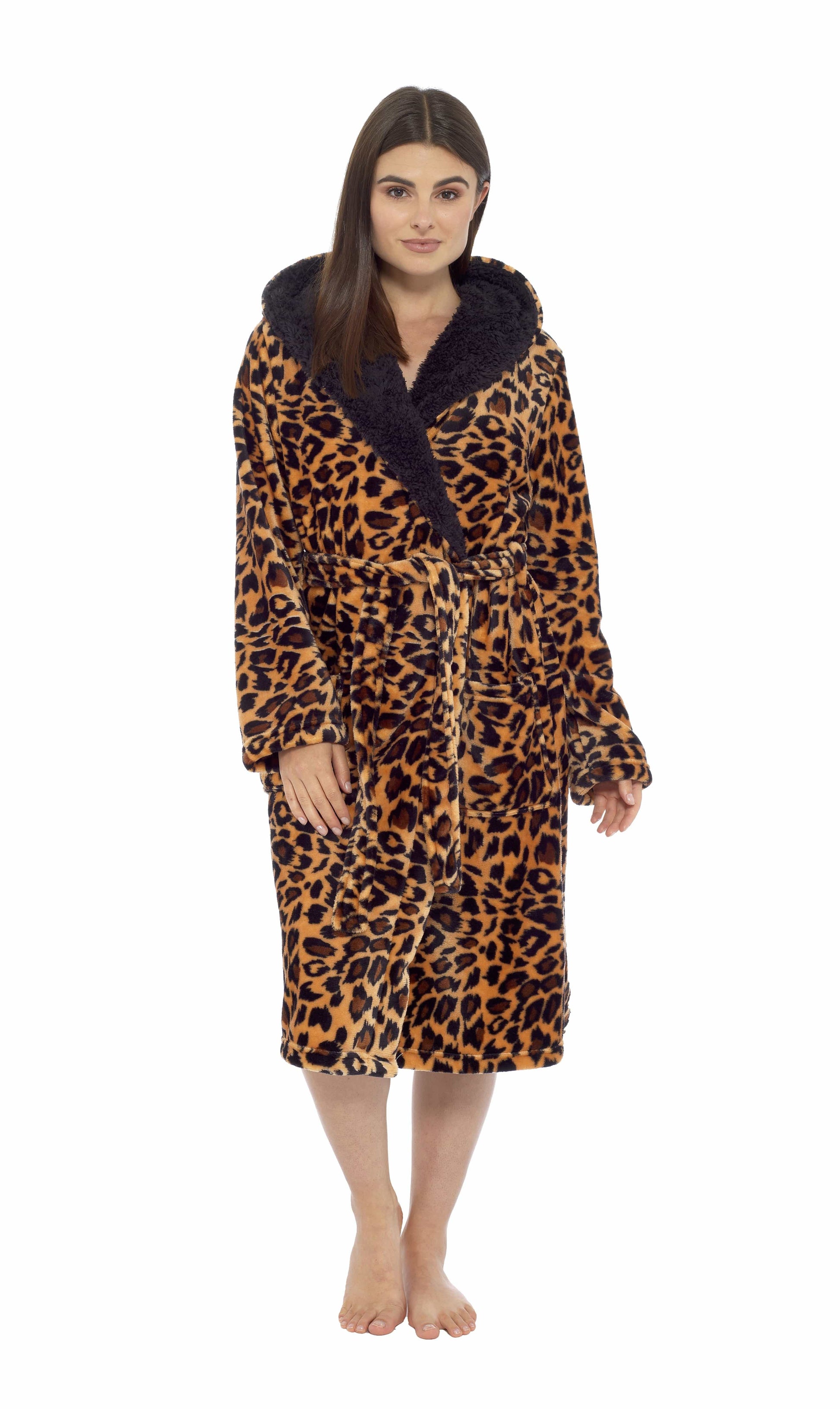 Daisy Dreamer Leopard Print Plush Fleece Hooded Bath Robe With Sherpa Fur Womens - REGN