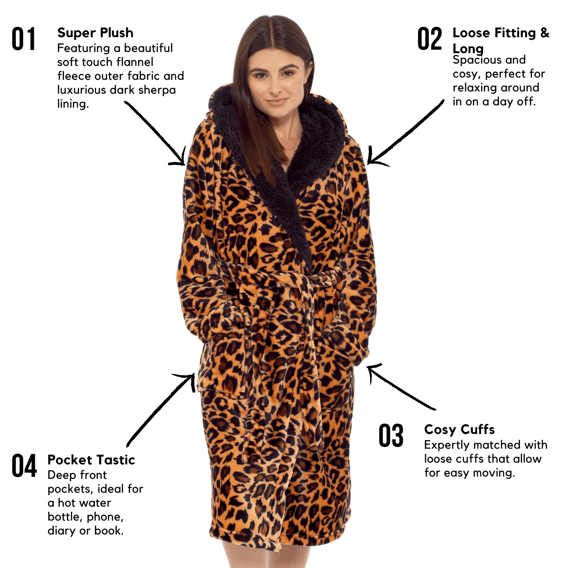 Daisy Dreamer Leopard Print Plush Fleece Hooded Bath Robe With Sherpa Fur Womens - REGN
