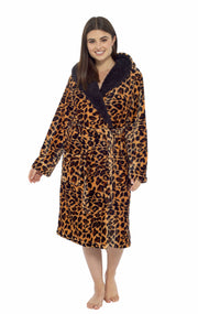 Daisy Dreamer Leopard Print Plush Fleece Hooded Bath Robe With Sherpa Fur Womens - REGN