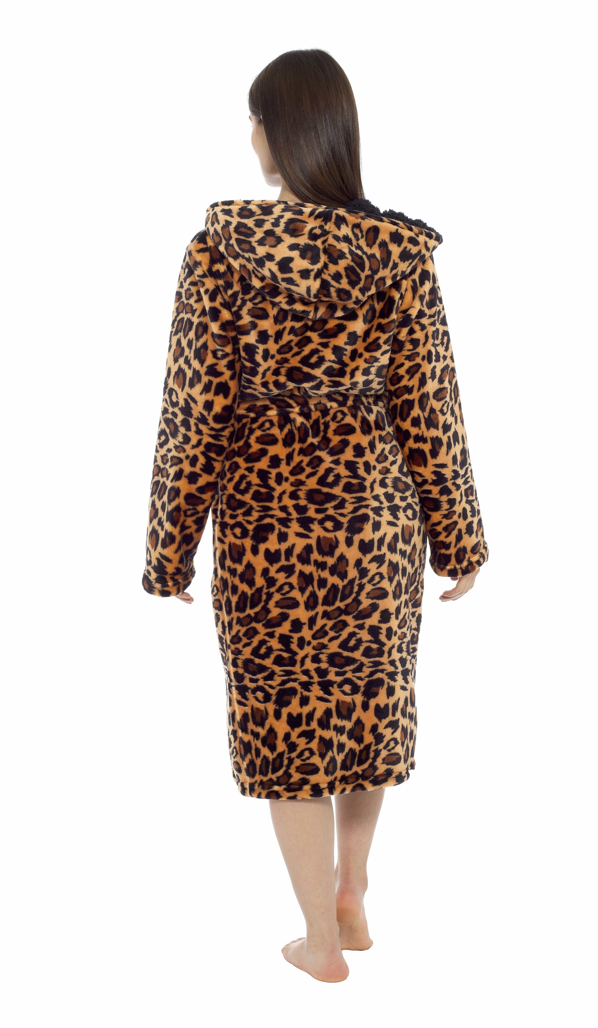 Daisy Dreamer Leopard Print Plush Fleece Hooded Bath Robe With Sherpa Fur Womens - REGN
