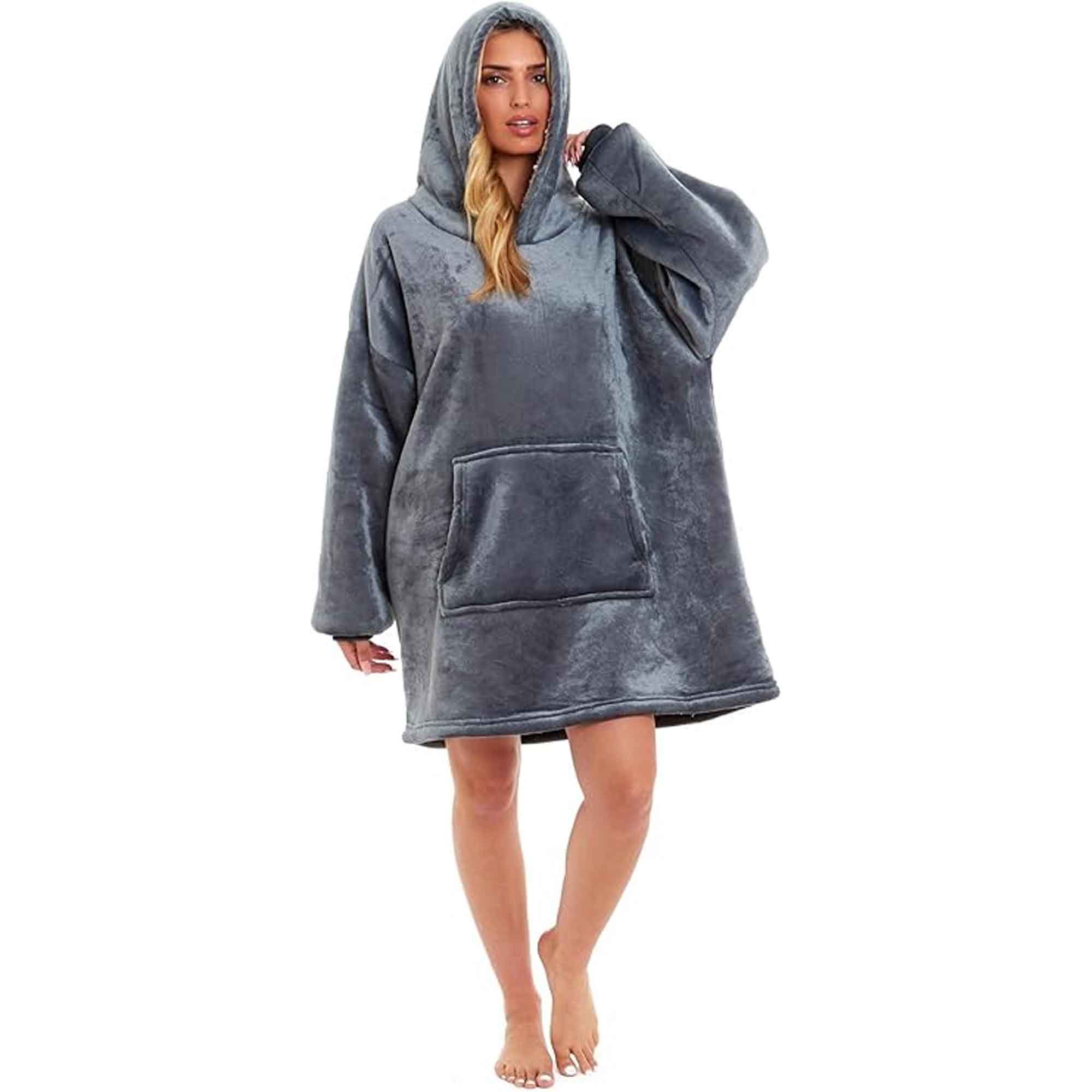 Daisy Dreamer Oversized Hooded Blanket Sweatshirt Plush Sherpa Grey Pink Giant Hoodie - REGN