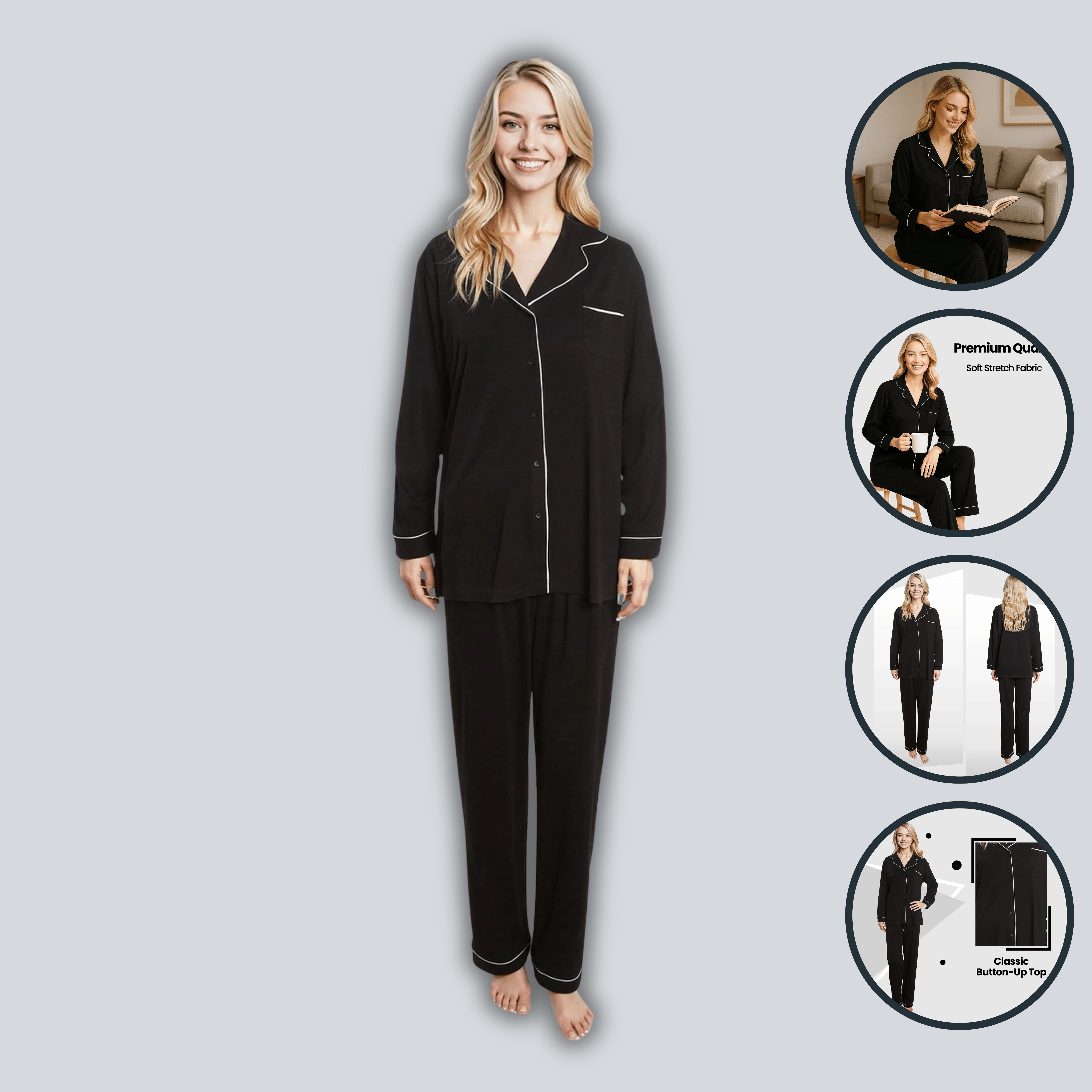 Daisy Dreamer Women's Black Pyjama Set Soft Touch Long Sleeve Button Up Top And Bottoms - REGN