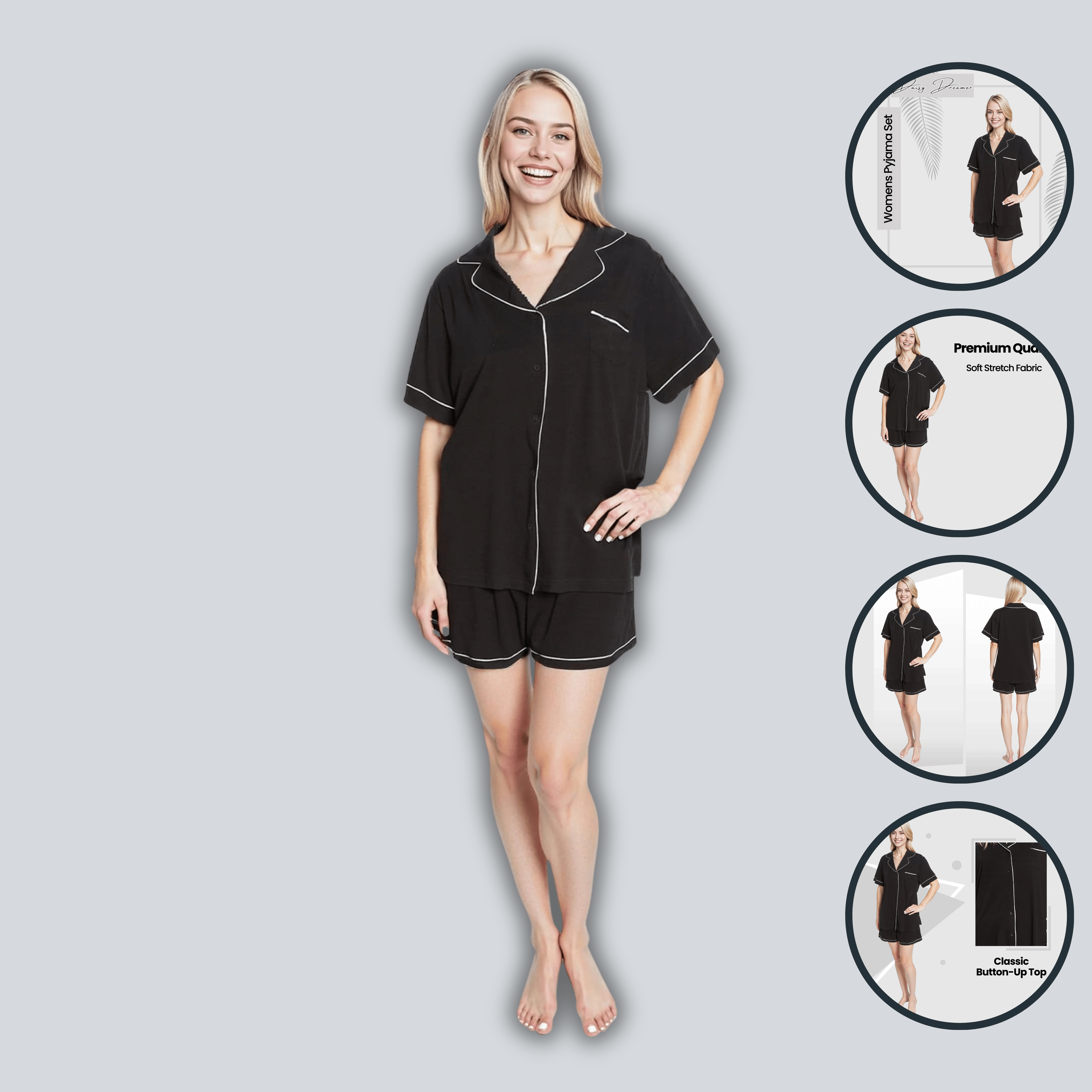 Daisy Dreamer Women's Black Short Pyjama Set Super Soft Sleepwear with Button Up Top - REGN