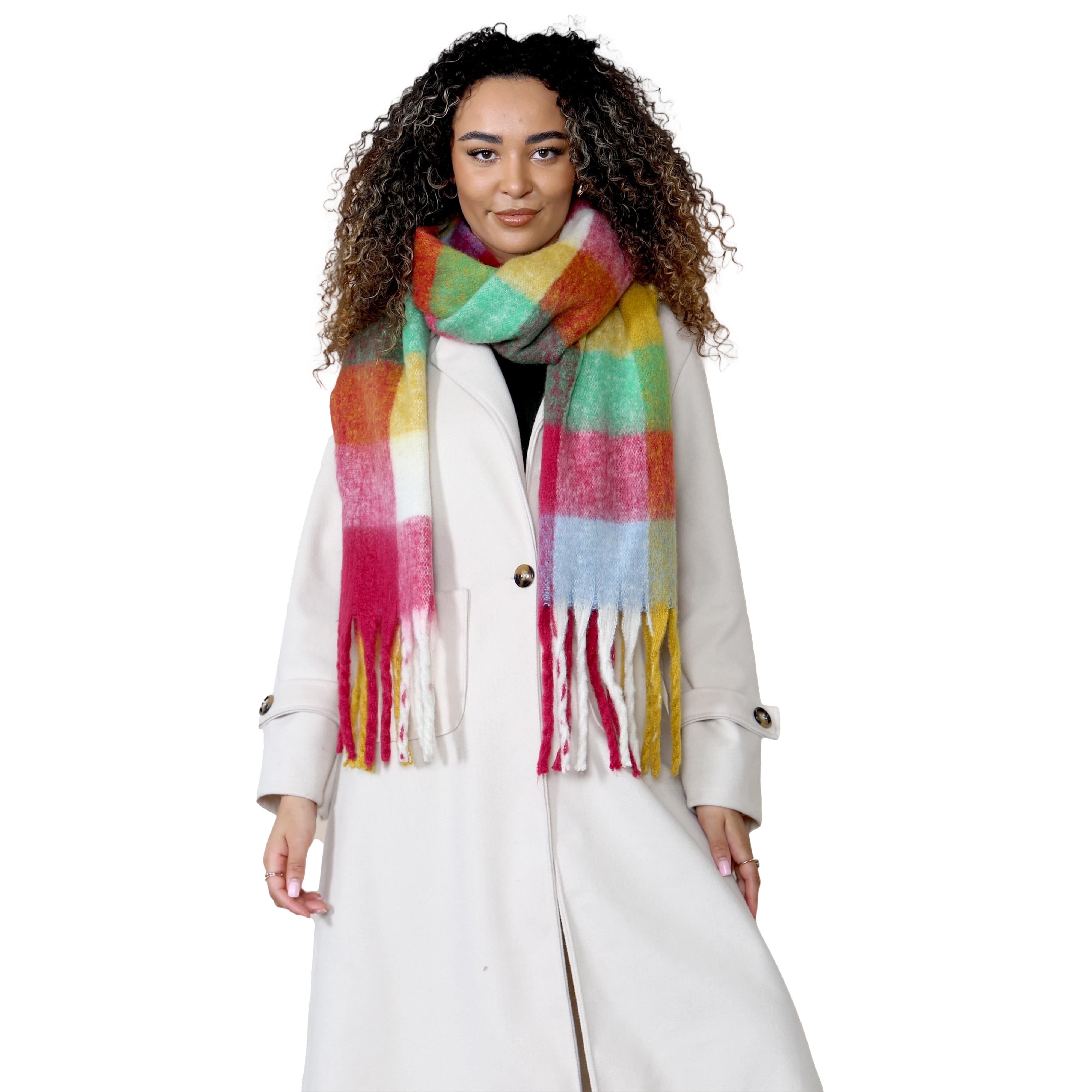 Daisy Dreamer Women’s Blanket Scarf Yellow Burgundy Chunky Knit Plaid Long Winter Wrap - REGN
