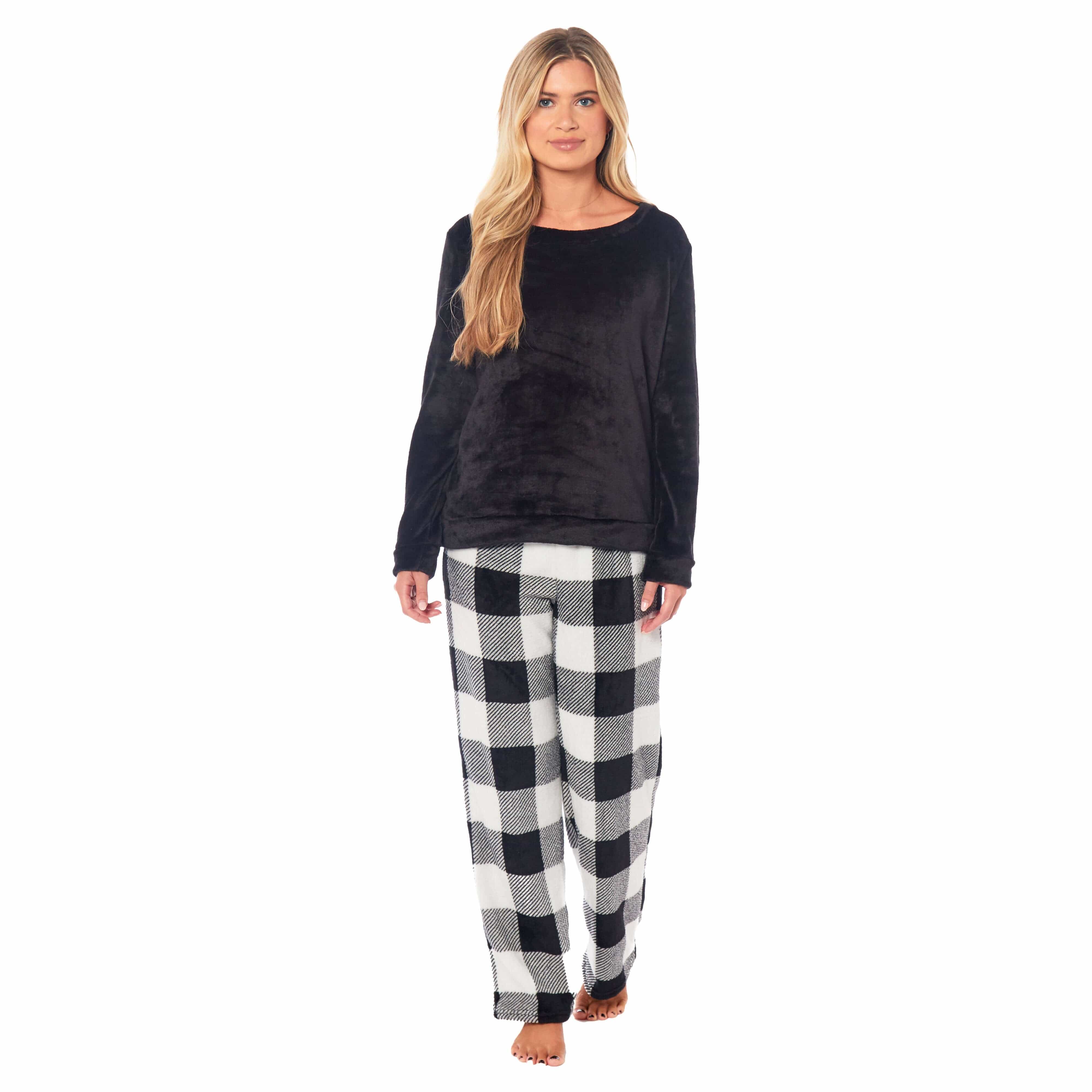 Daisy Dreamer Women's Buffalo Check Fleece Pyjama Set With Long Sleeve Top And Bottoms - REGN
