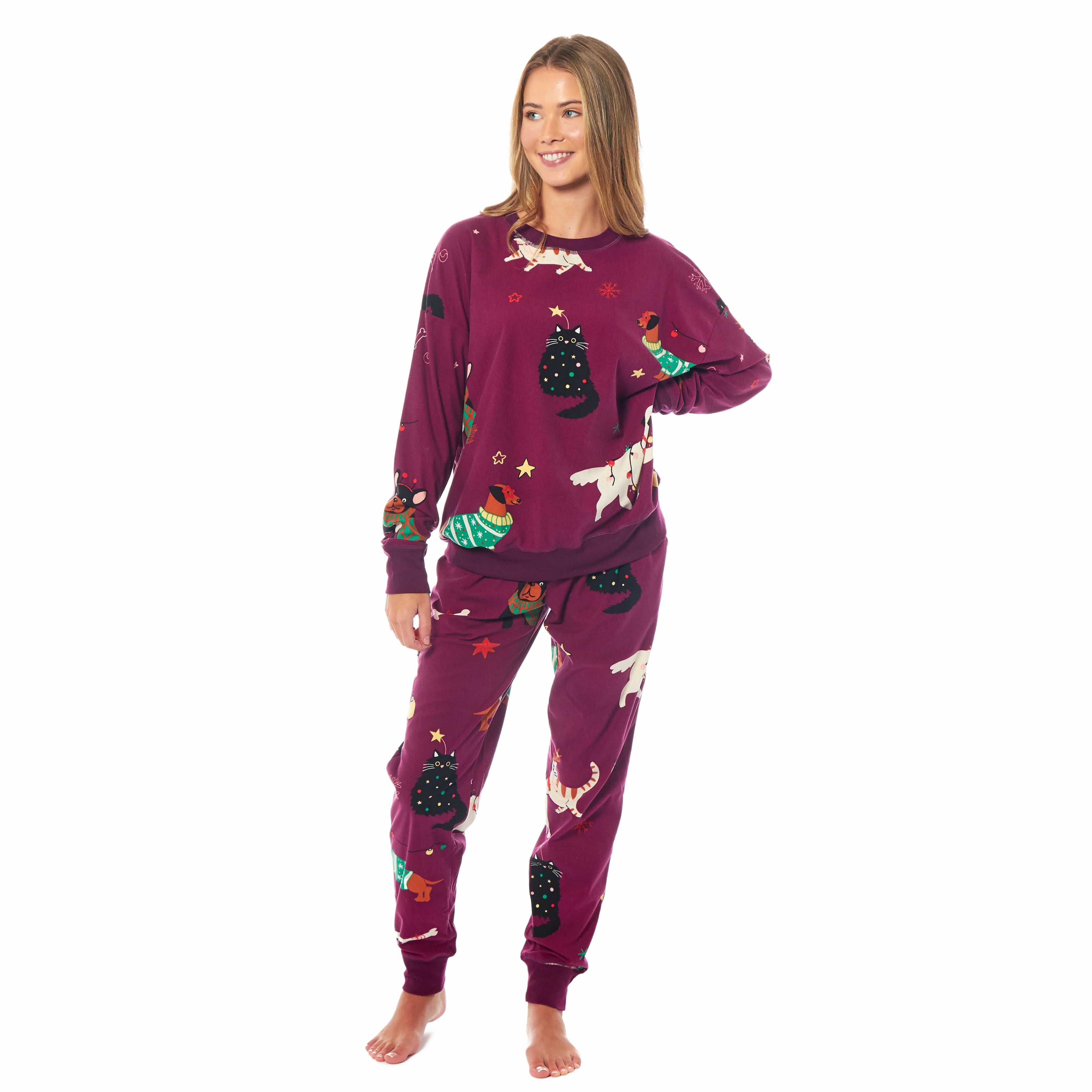 Daisy Dreamer Women's Cat And Dog Print Fleece Pyjama Set Long Sleeve Sleepwear Cosy Cotton Rich Nightwear Set - REGN