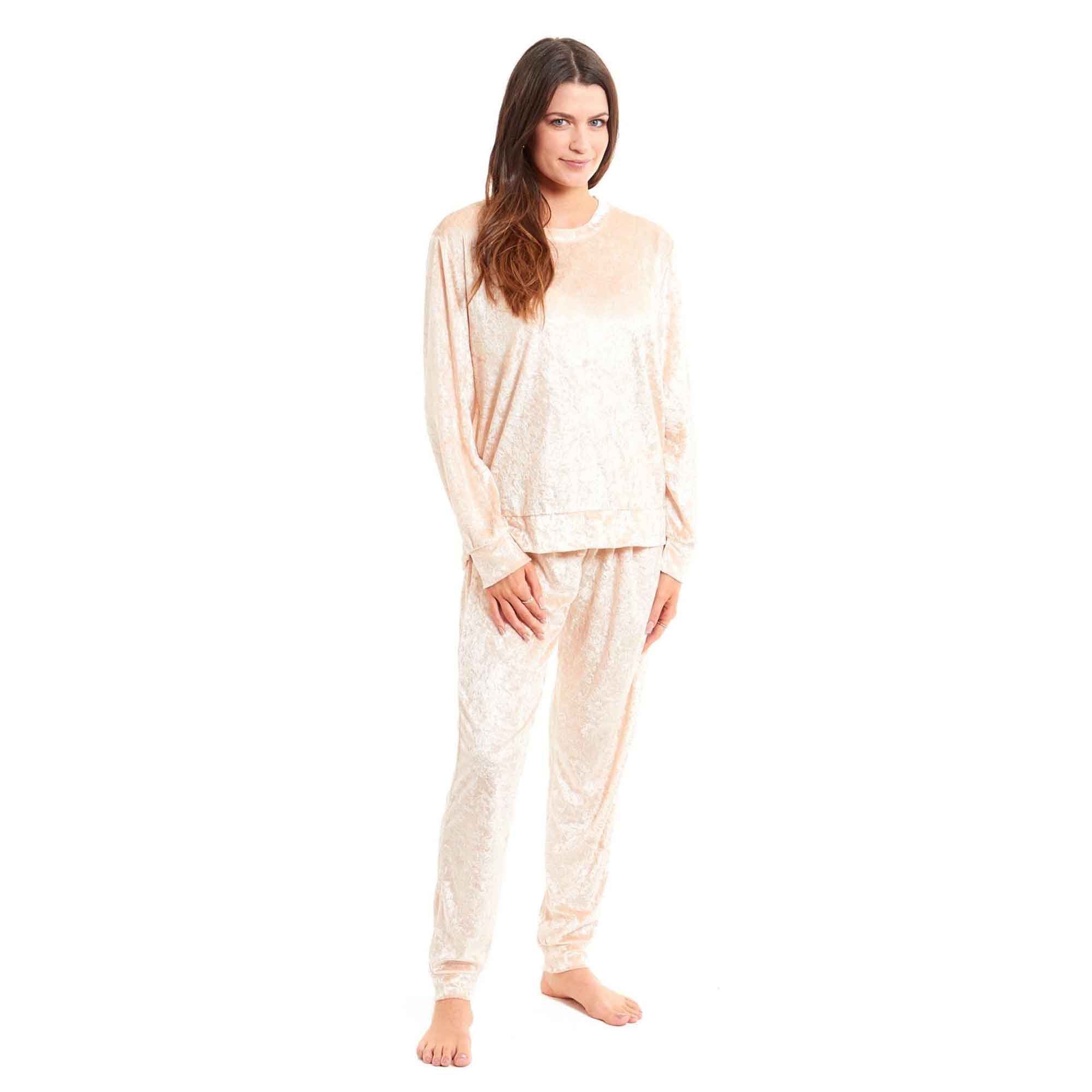 Daisy Dreamer Women's Crushed Velvet Pyjama Set Soft Loungewear Easy Care Easy-Care Cotton Rich Sleep Set - REGN