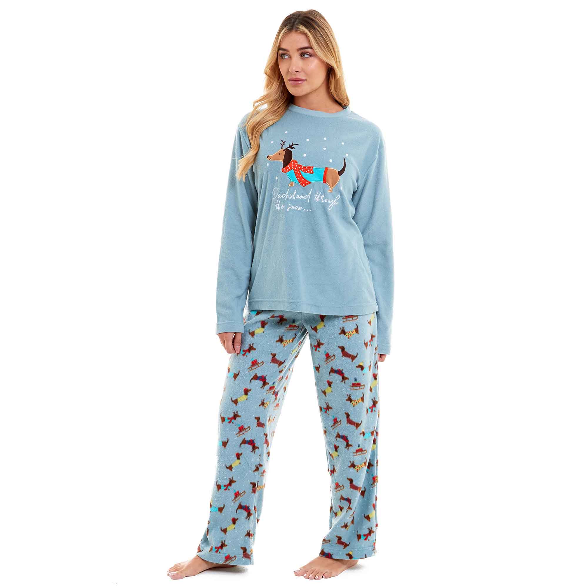 Daisy Dreamer Womens Dachshund Polar Fleece Pyjama Set With Hood Embroidered Detailing - REGN