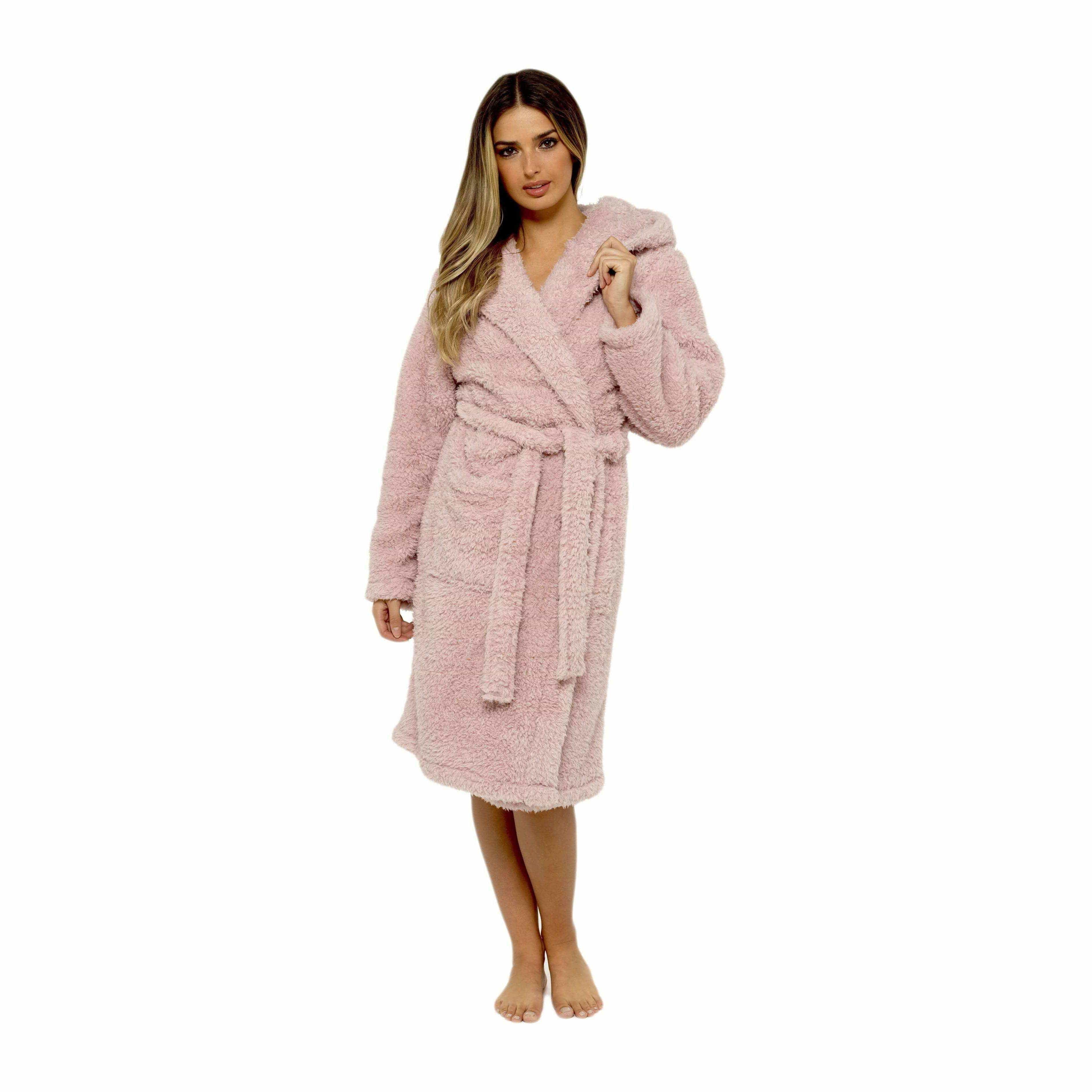 Daisy Dreamer Womens Dusky Pink Teddy Fleece Hooded Robe Bathrobe Ultra Soft Cosy Winter - REGN