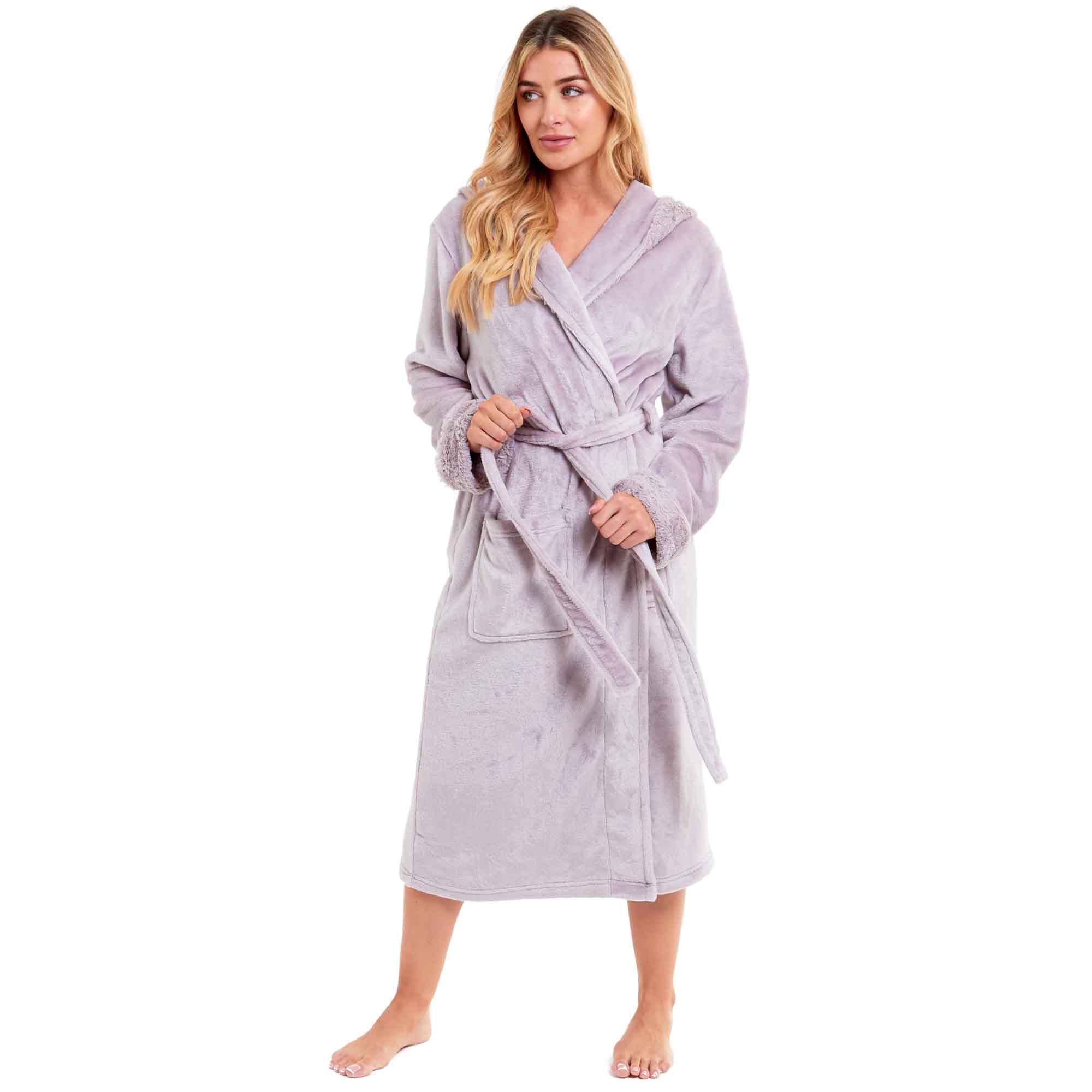 Daisy Dreamer Women's Faux Fur Hooded Robe Plush Fleece Loungewear Bathrobe Pink Grey Cotton Rich Easy-Care Bath Robe - REGN
