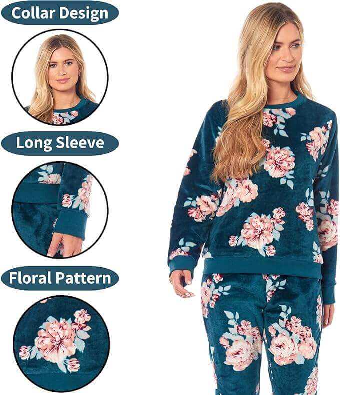 Daisy Dreamer Women's Floral Fleece Pyjama Set With Long Sleeve Top And Elastic Waist - REGN