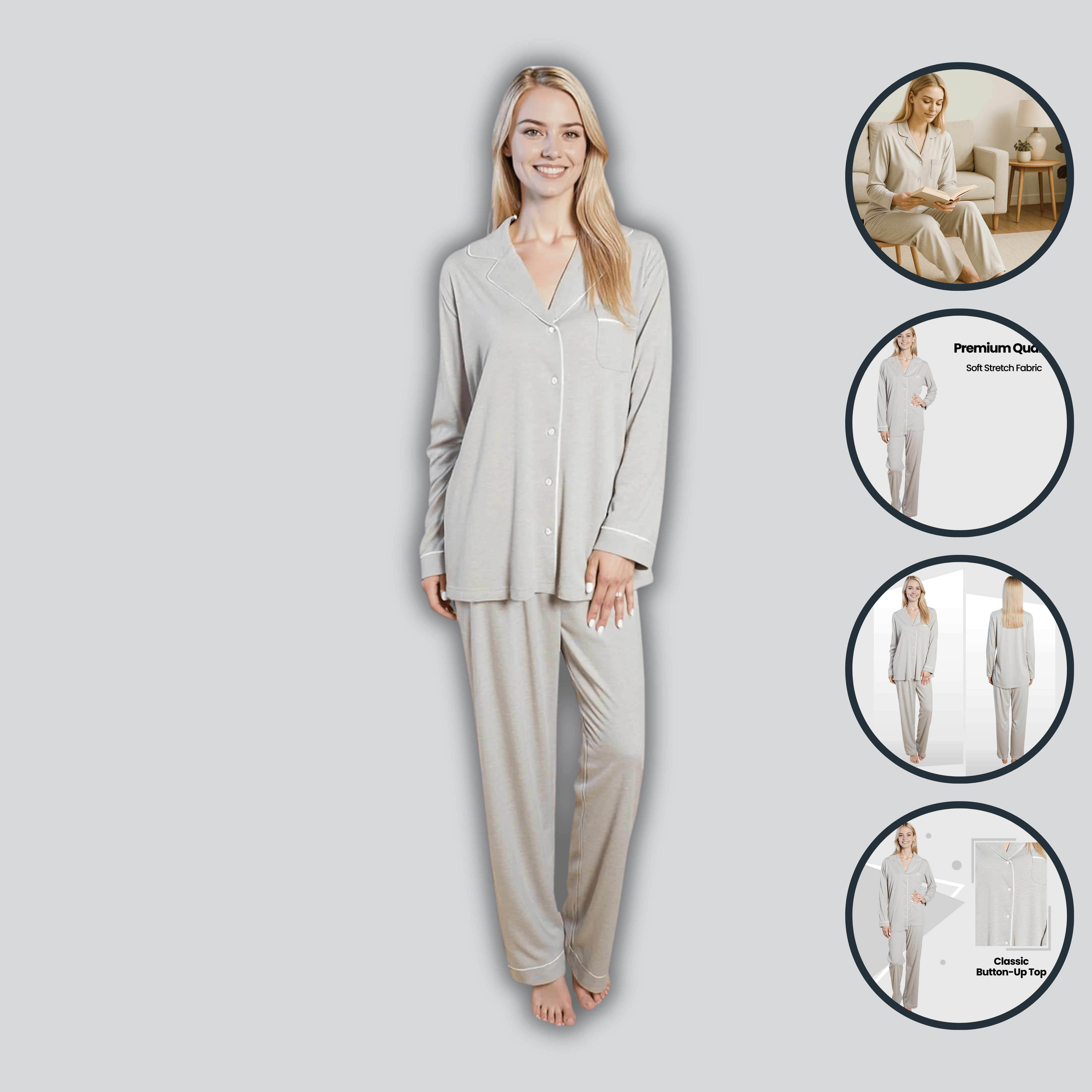 Daisy Dreamer Women's Grey Pyjama Set Soft Touch Long Sleeve Button Up Top and Bottoms - REGN