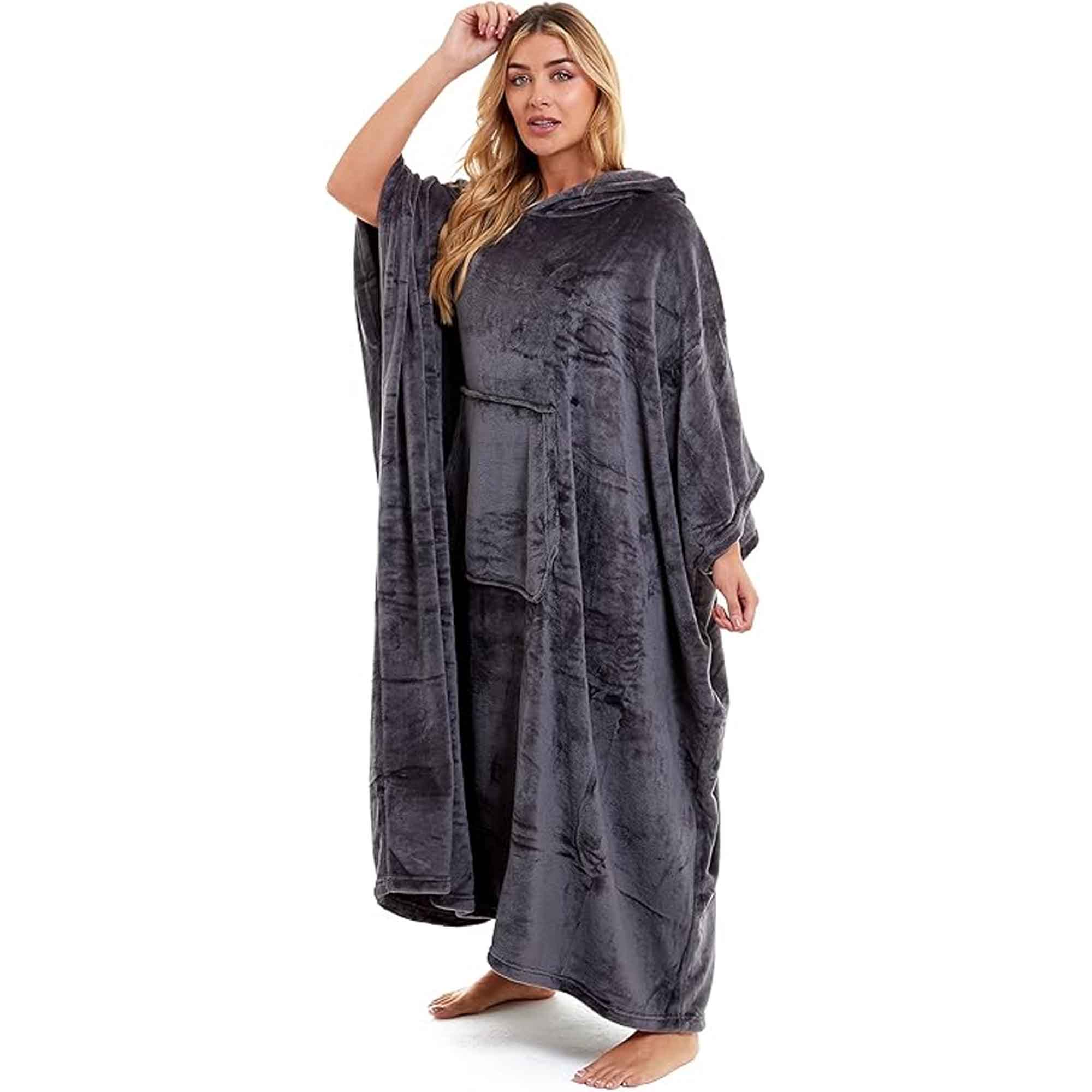 Daisy Dreamer Women's Hooded Poncho Blanket Navy Charcoal Flannel Fleece Cosy Loungewear - REGN