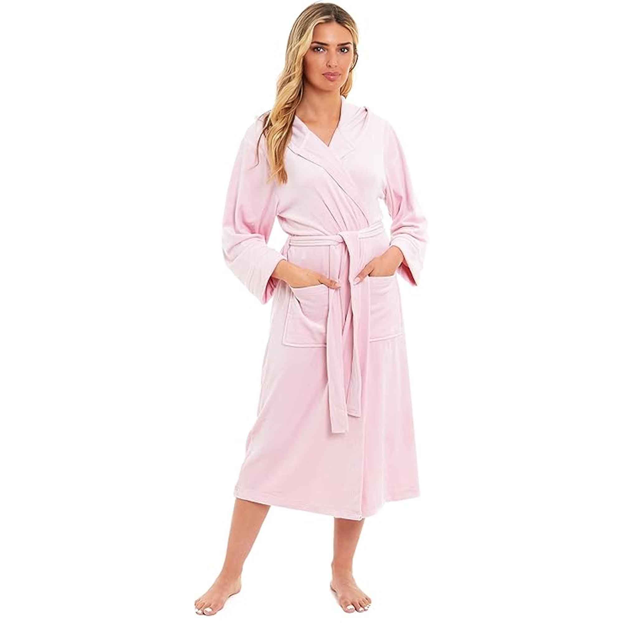 Daisy Dreamer Women's Hooded Velour Bathrobe Ultra Soft Luxurious Pink And Grey Cosy Super Soft Hotel-Style Robe - REGN
