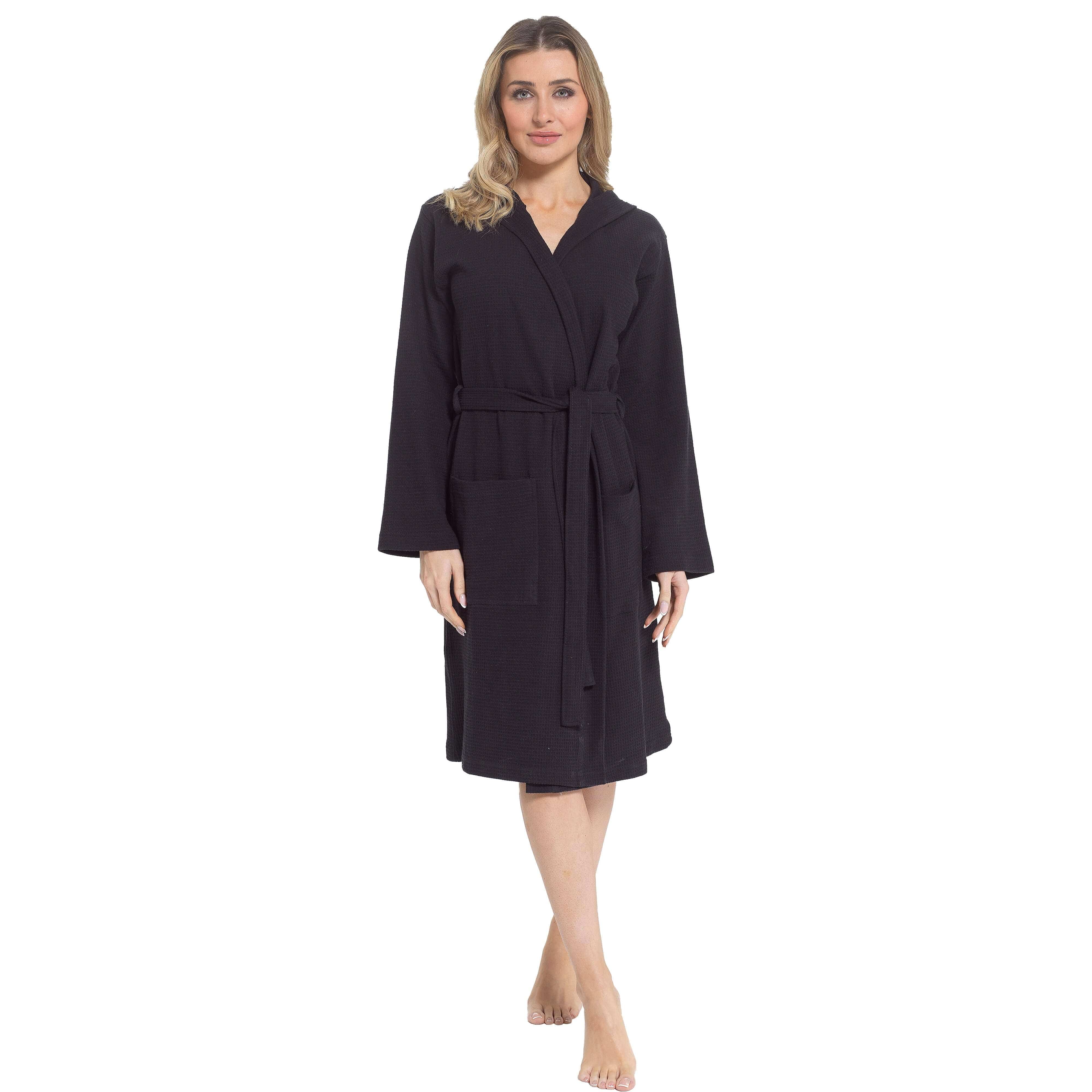 Daisy Dreamer Women's Hooded Waffle Cotton Bathrobe Black 100% Cotton Super Absorbent Spa - REGN