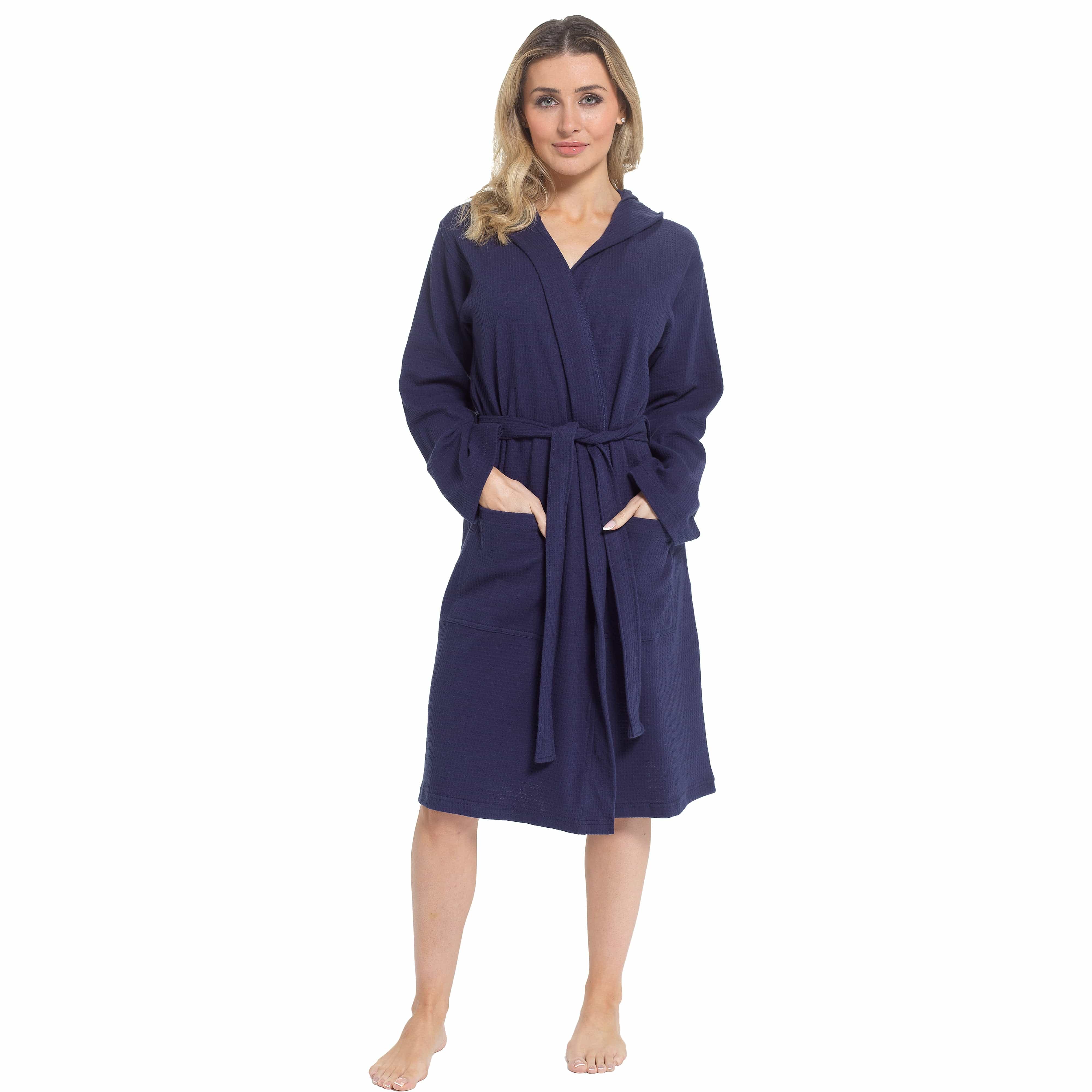 Daisy Dreamer Women's Hooded Waffle Cotton Bathrobe Navy 100% Cotton Absorbent Spa - REGN