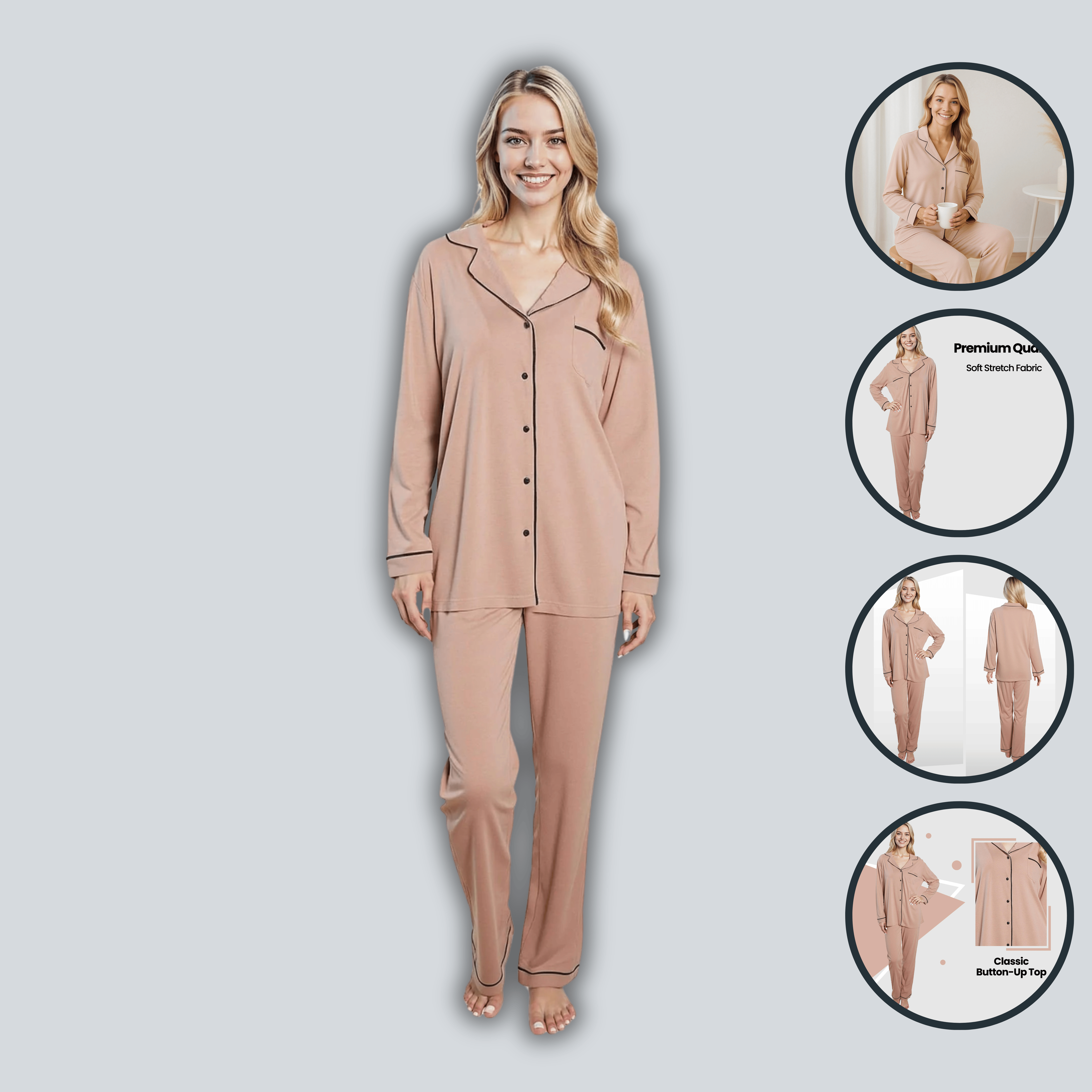 Daisy Dreamer Womens Natural Pyjama Set Soft Touch Fabric Long Sleeve Top Easy Care - REGN