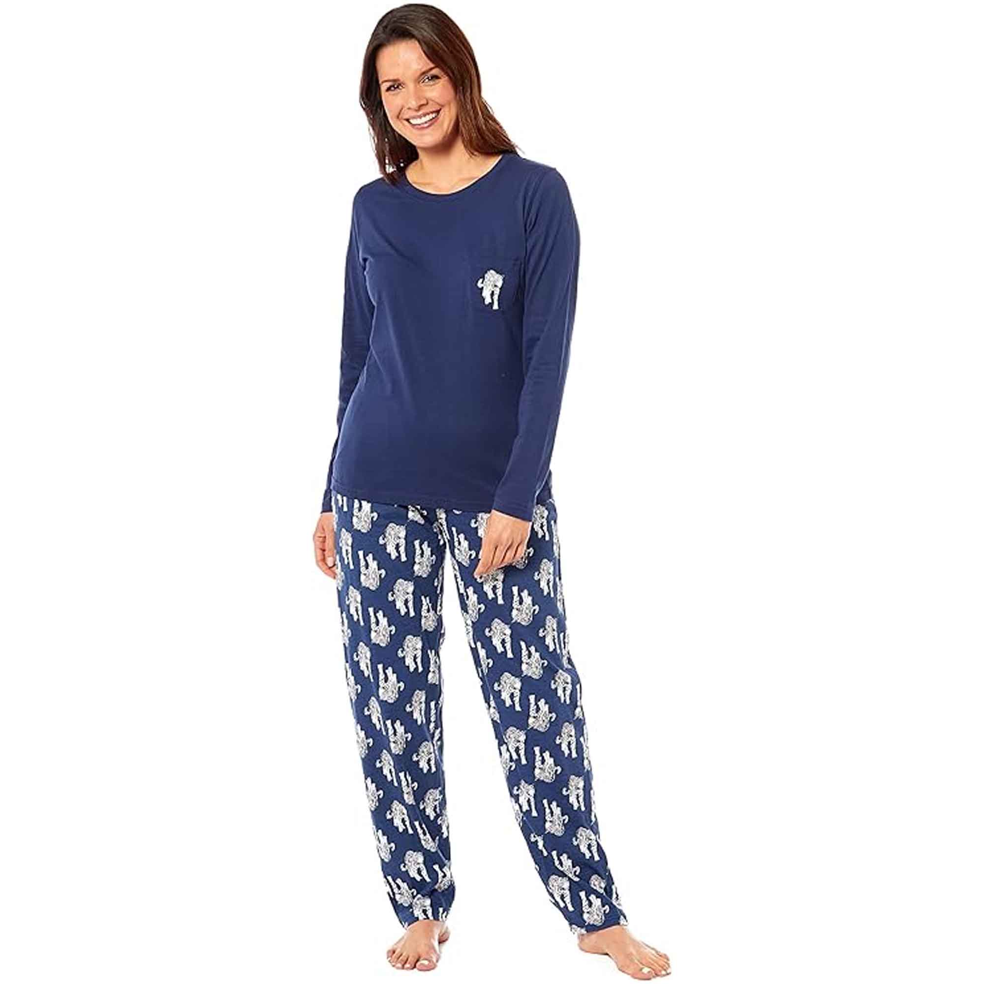Daisy Dreamer Women's Navy Tiger Print Polar Fleece Pyjama Set Cosy Winter Cotton Rich Cosy Night Set - REGN