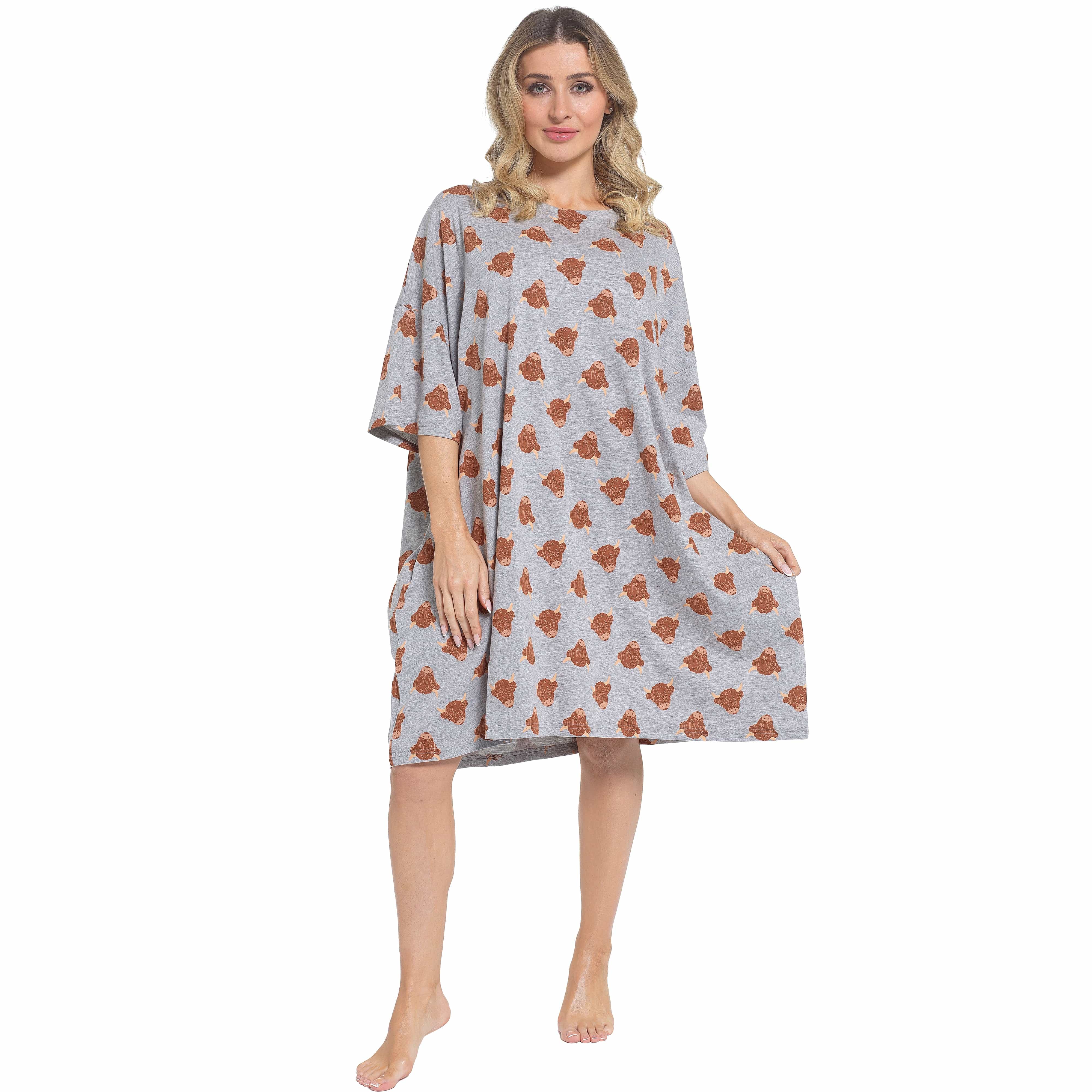 Daisy Dreamer Womens Nightdress Cream Highland Cow 100% Cotton Soft Baggy Oversized Nightshirt - REGN
