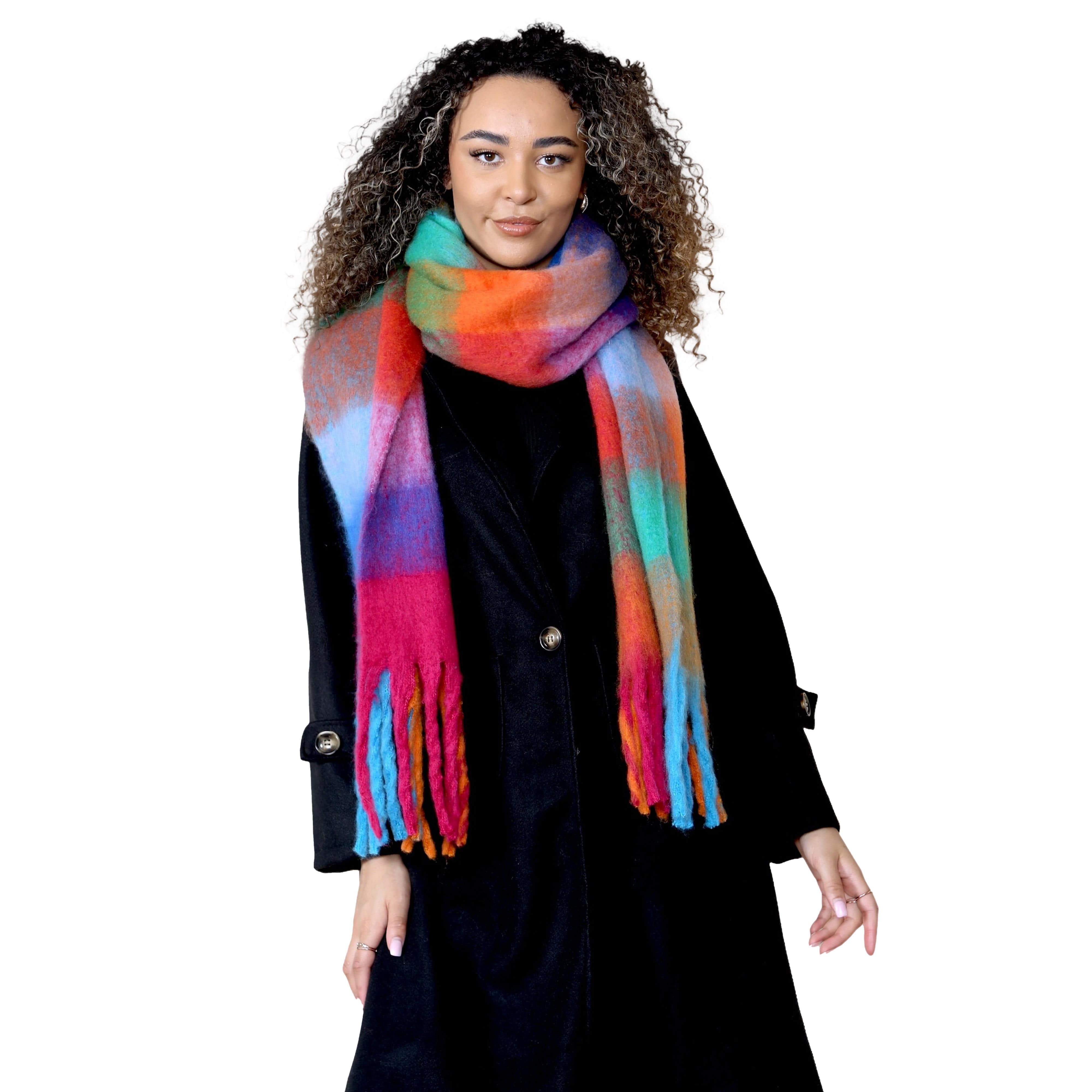 Daisy Dreamer Women's Orange Blue Chunky Knit Plaid Blanket Scarf Long Winter Wrap - REGN