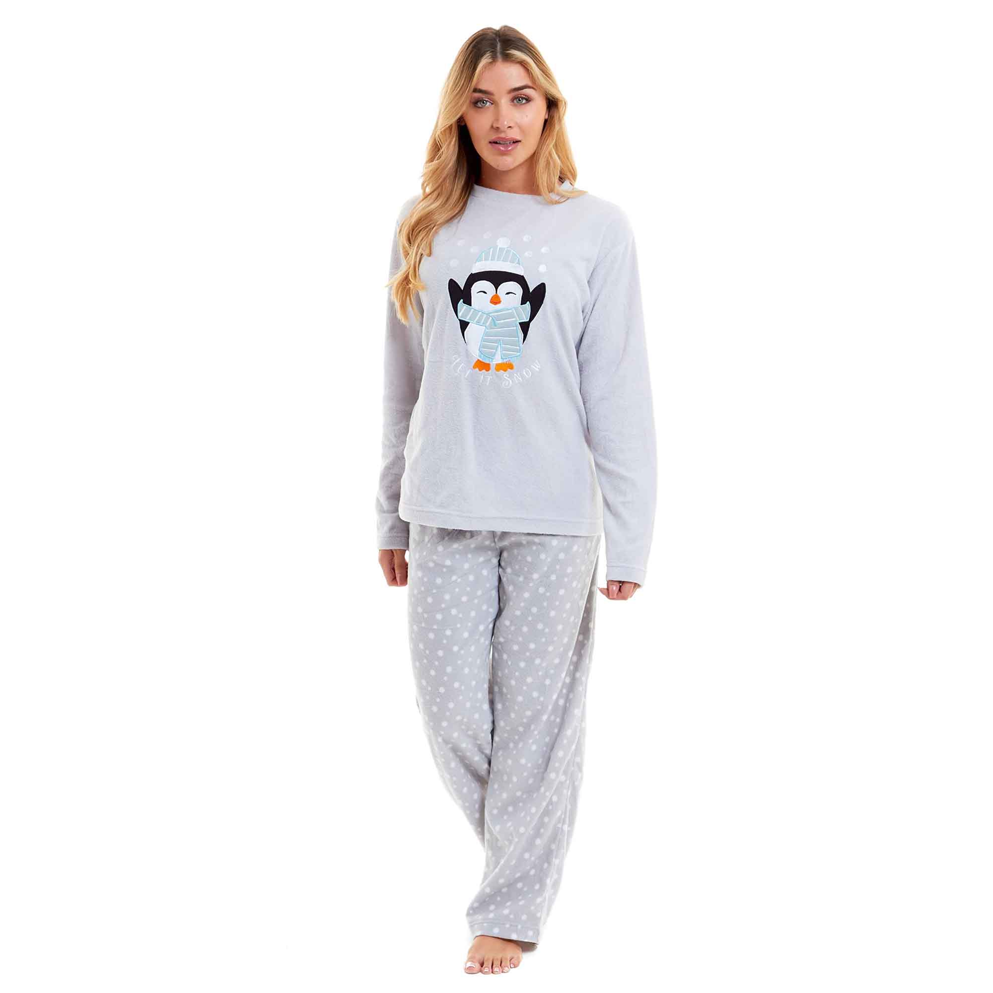 Daisy Dreamer Women's Penguin Polar Fleece Pyjama Set With Hood Embroidered Fluffy Winter - REGN