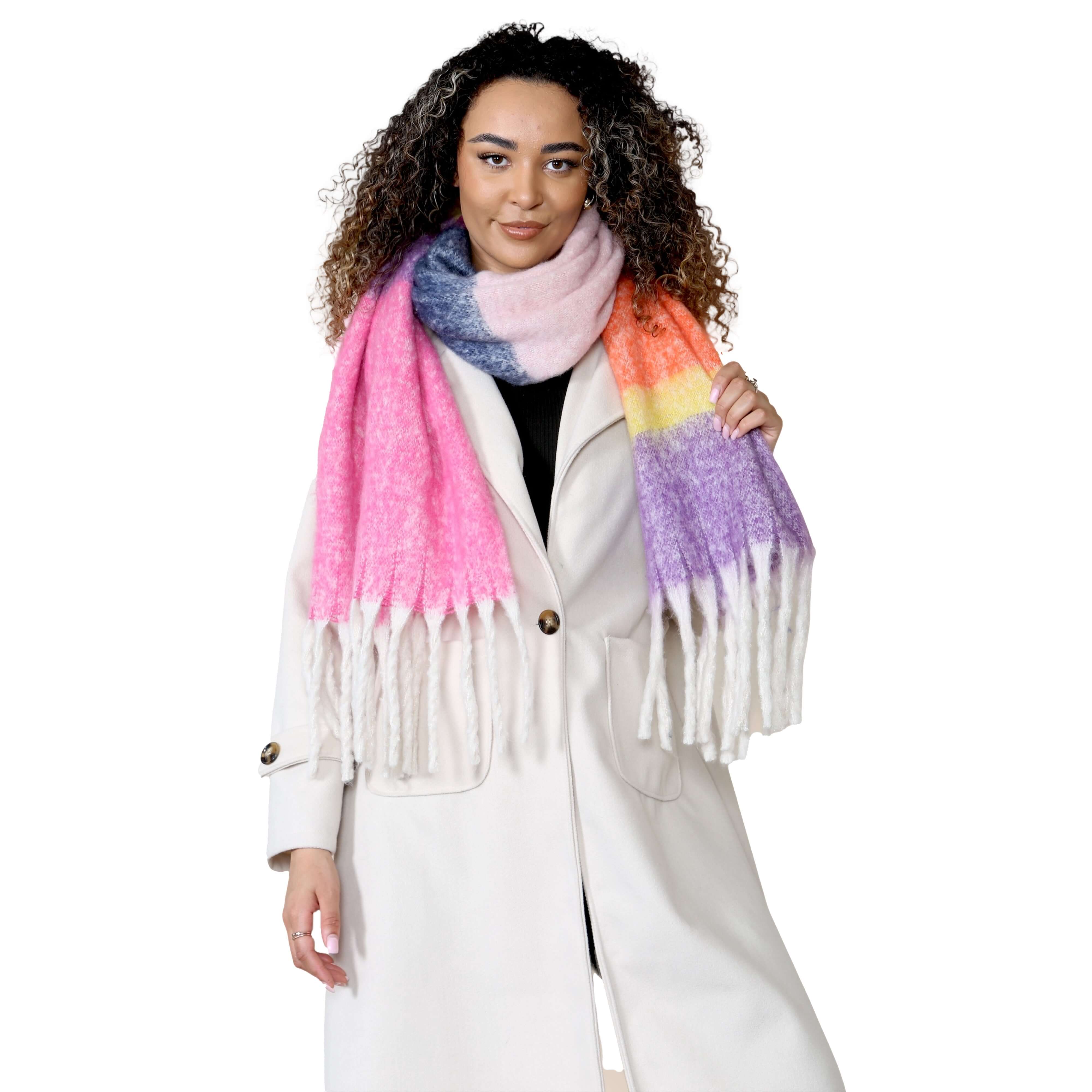 Daisy Dreamer Women’s Pink Purple Chunky Knit Blanket Scarf Long Winter Wrap Striped - REGN