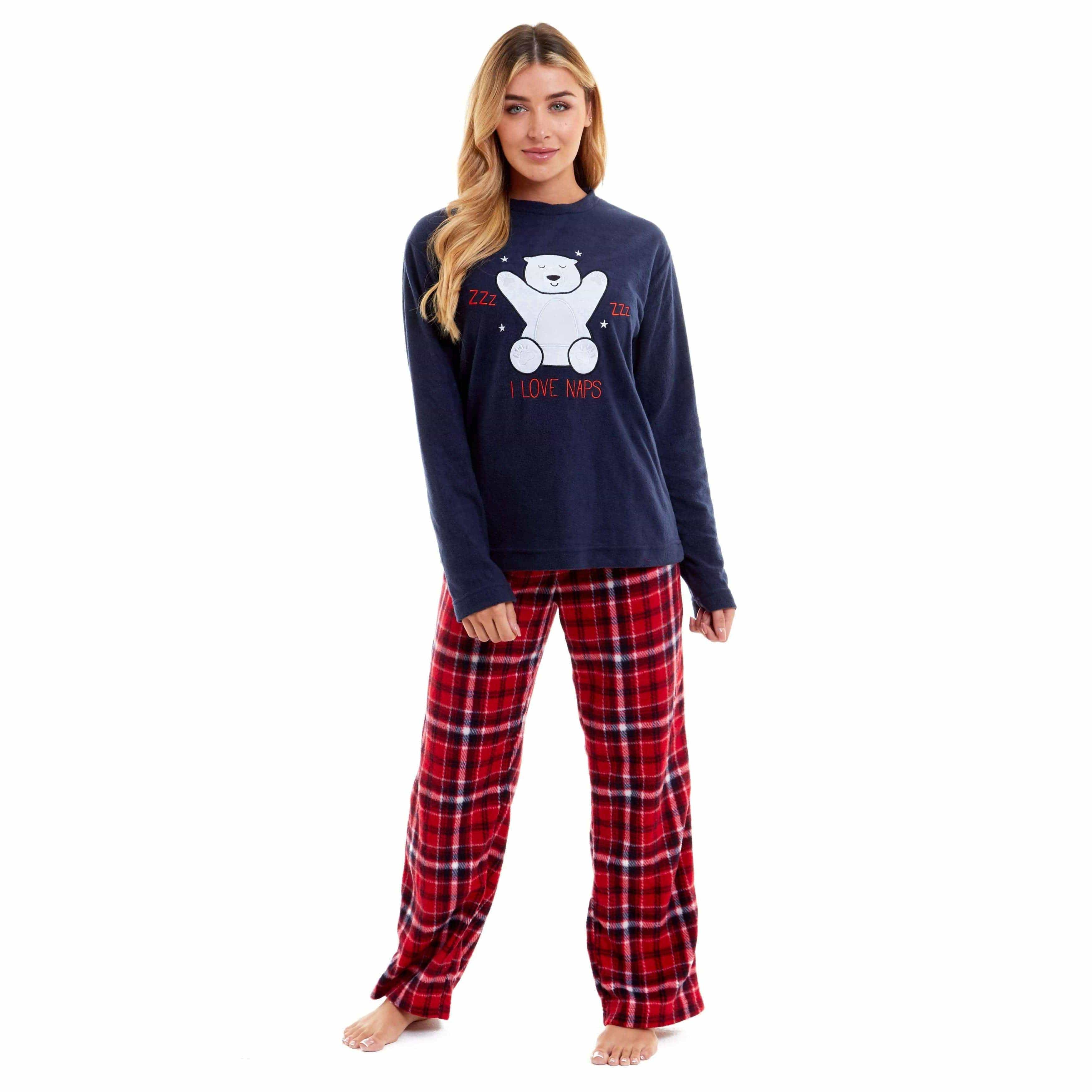 Daisy Dreamer Womens Polar Bear Fleece Pyjama Set Hooded Top Elasticated Pants Winter - REGN