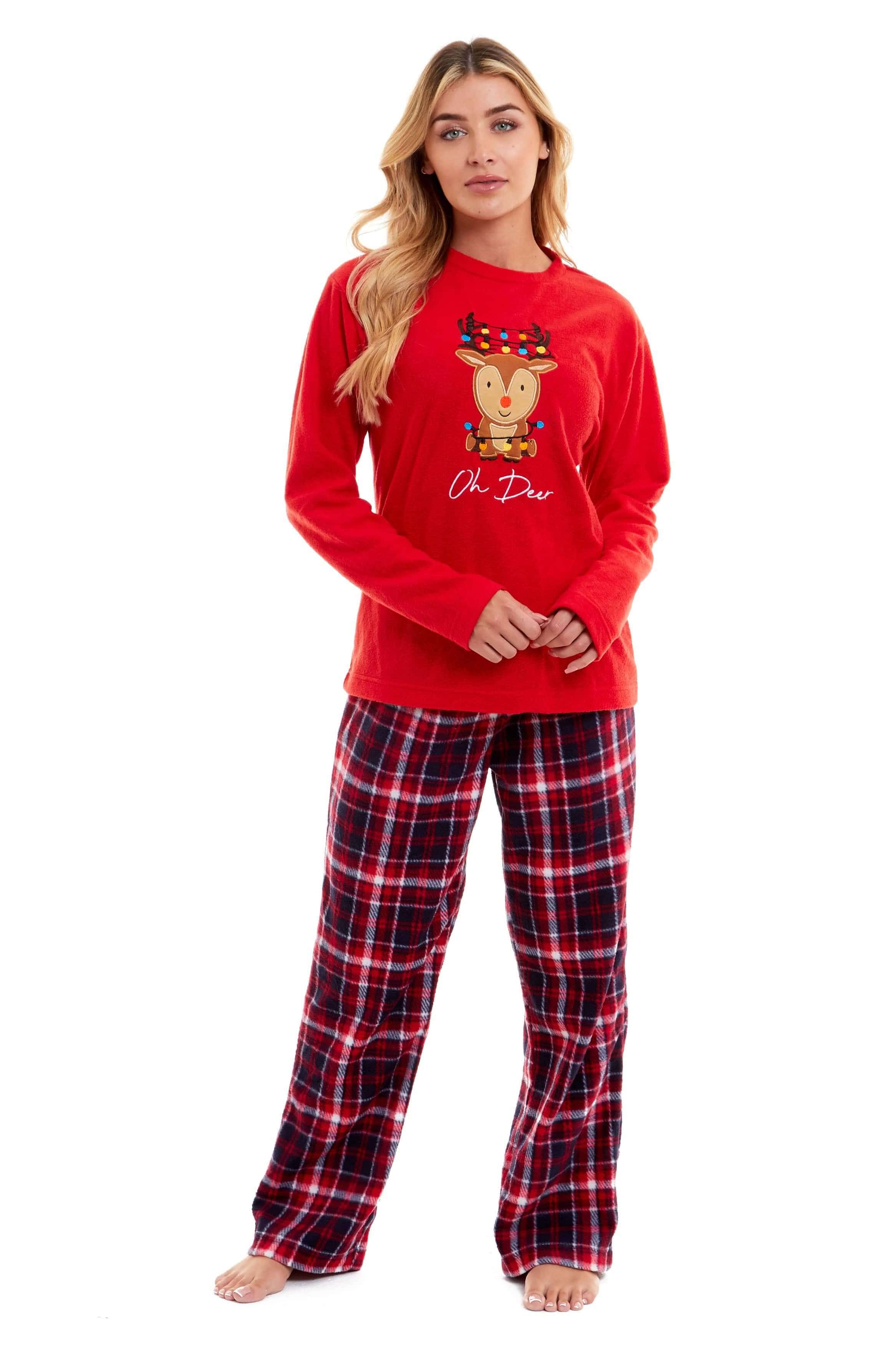 Daisy Dreamer Women's Reindeer Polar Fleece Pyjama Set With Hooded Top Cosy Winter - REGN