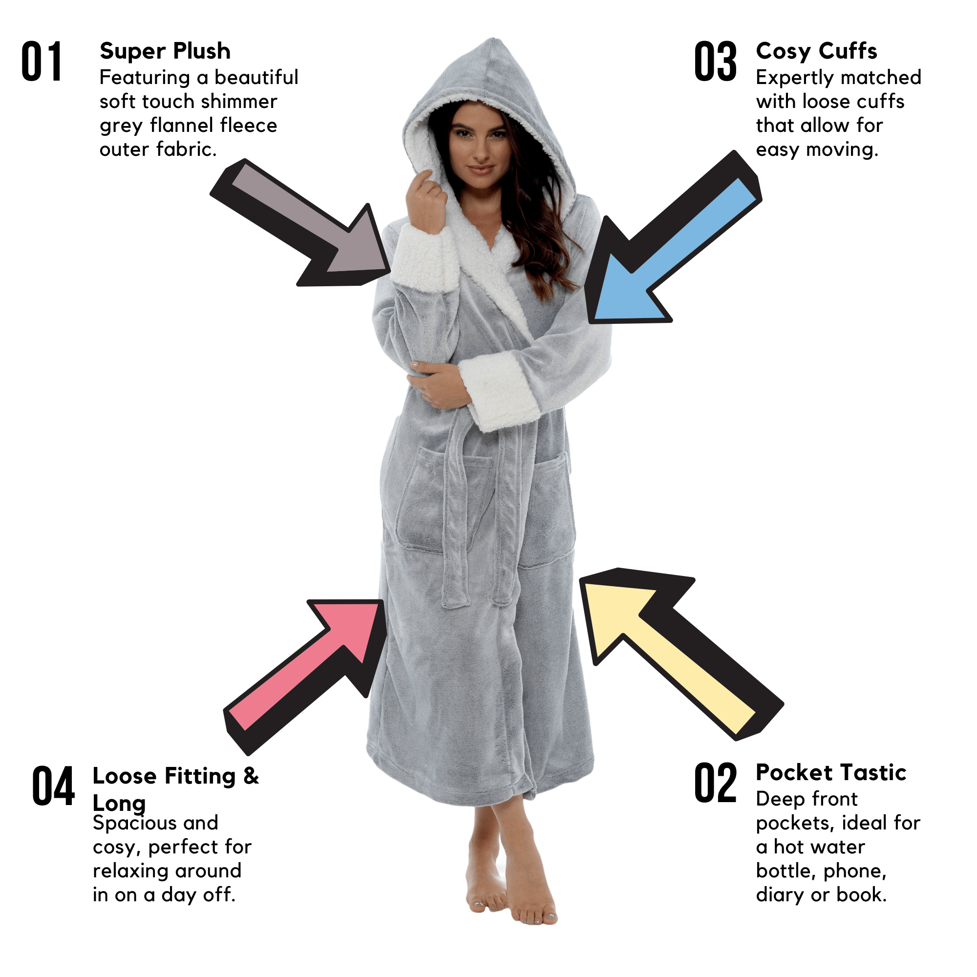 Daisy Dreamer Womens Shimmer Grey Fleece Dressing Gown With Sherpa Fur Hood Plush Flannel - REGN