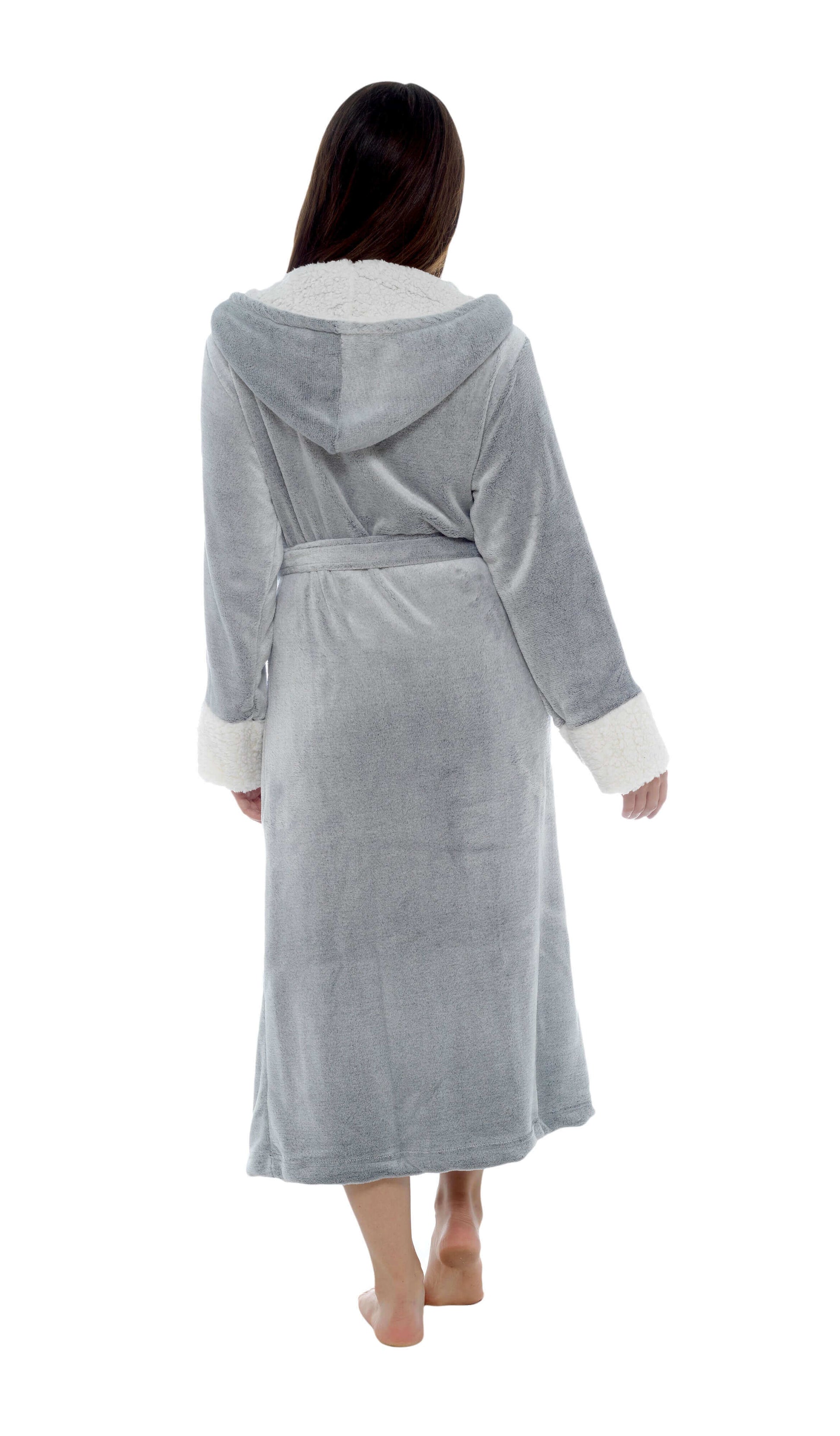 Daisy Dreamer Womens Shimmer Grey Fleece Dressing Gown With Sherpa Fur Hood Plush Flannel - REGN