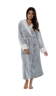 Daisy Dreamer Womens Shimmer Grey Fleece Dressing Gown With Sherpa Fur Hood Plush Flannel - REGN