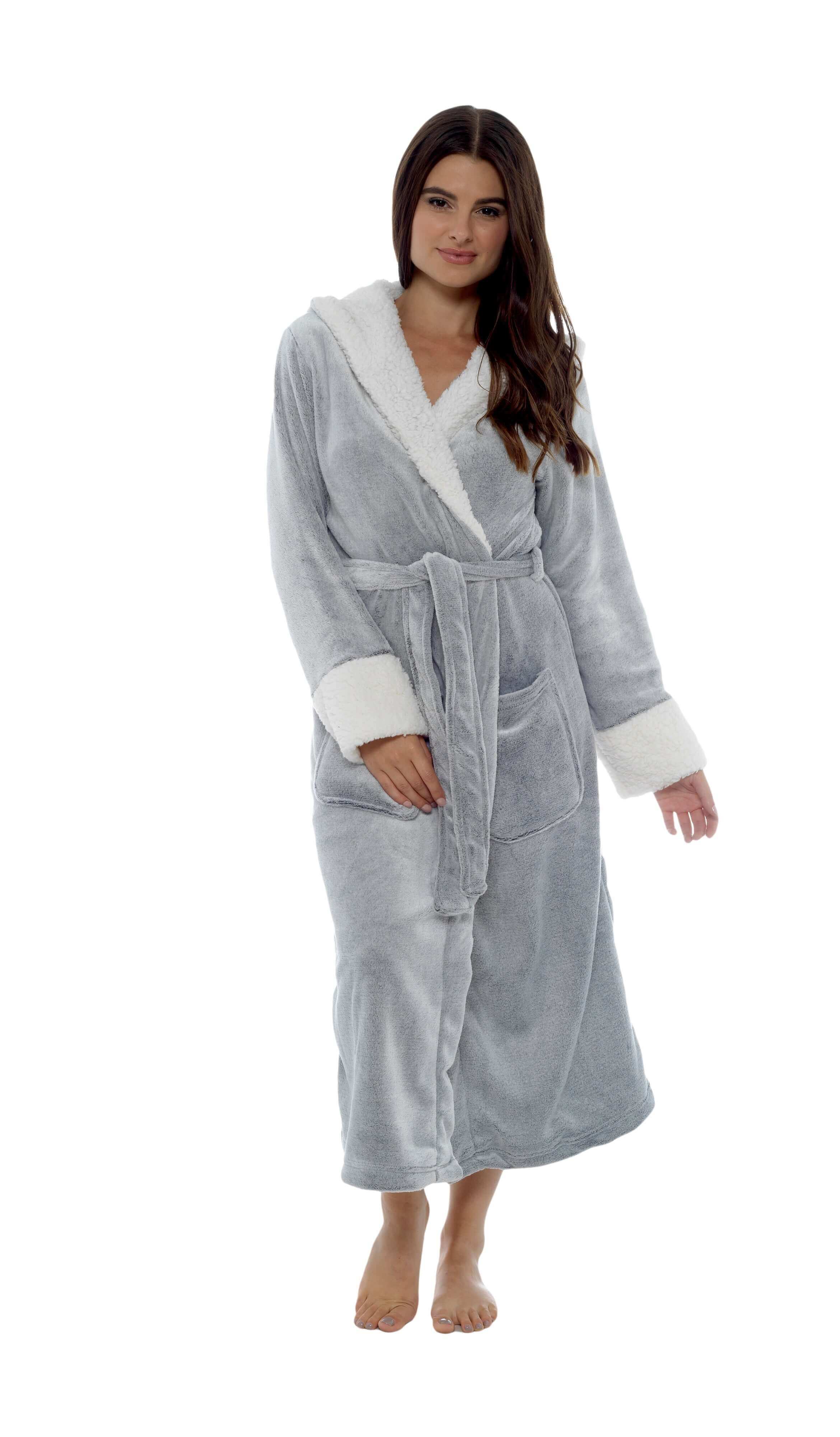 Daisy Dreamer Womens Shimmer Grey Fleece Dressing Gown With Sherpa Fur Hood Plush Flannel - REGN