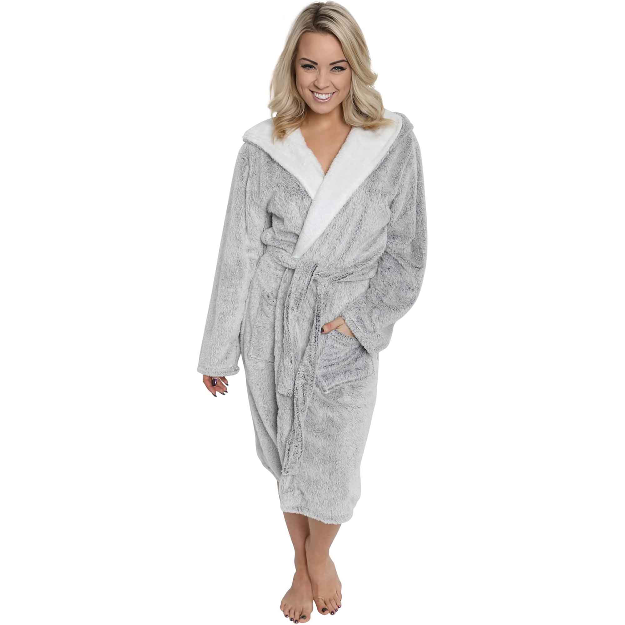 Daisy Dreamer Women's Shimmer Grey Fleece Hooded Bathrobe With Sherpa Lining Ultra-Soft - REGN
