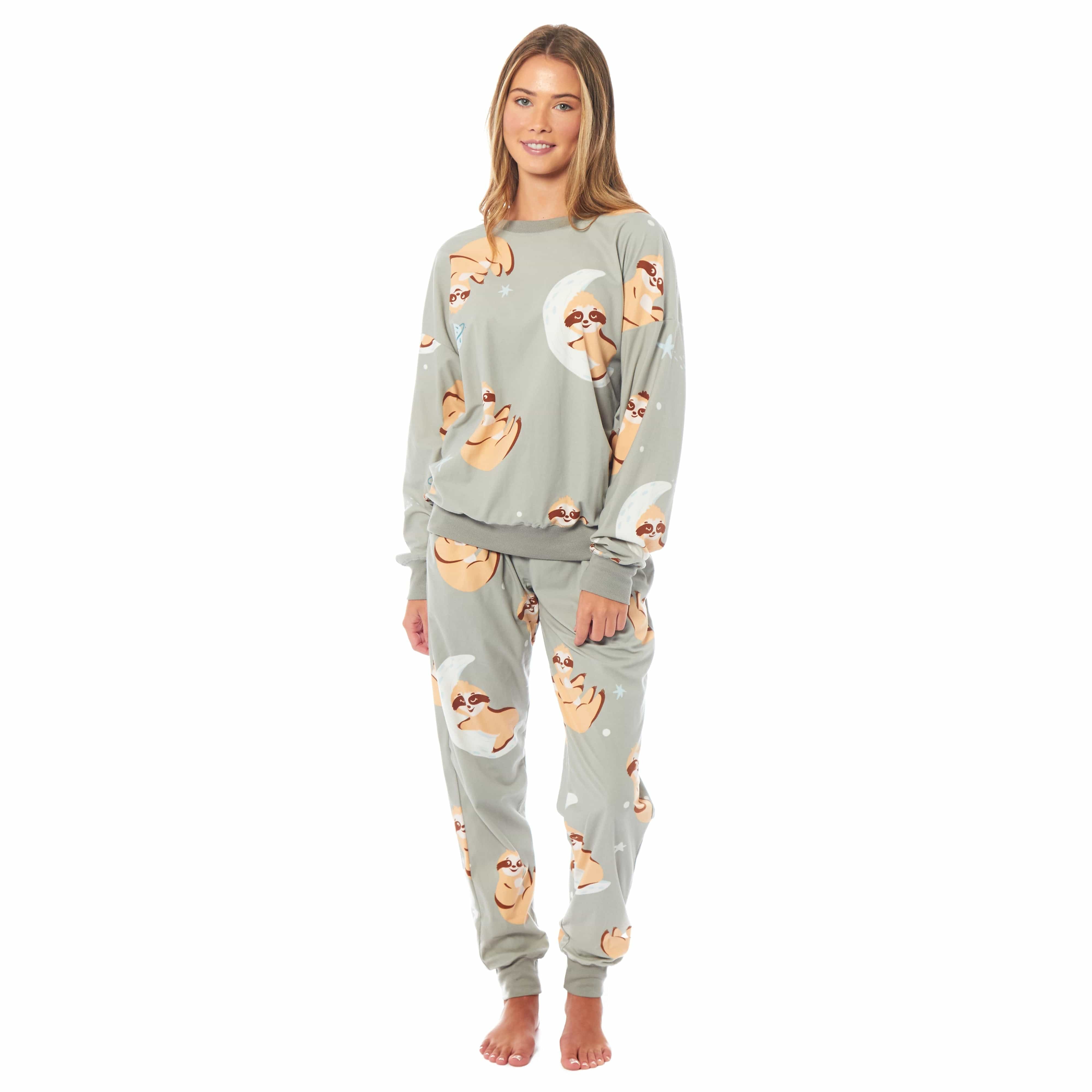 Daisy Dreamer Women's Sloth Fleece Pyjama Set Long Sleeve Animal Print Warm Sleepwear - REGN