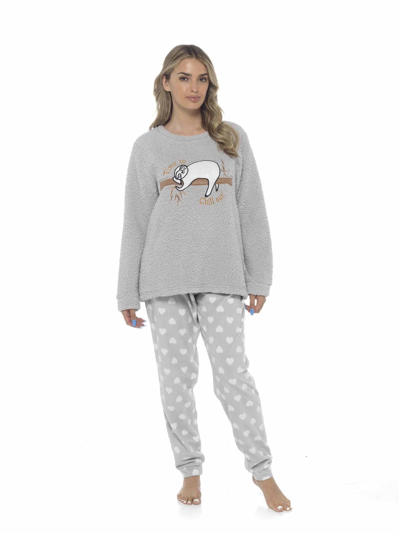 Daisy Dreamer Women's Sloth Teddy Fleece Pyjama Set Super Soft Warm Loungewear Cosy Winter - REGN